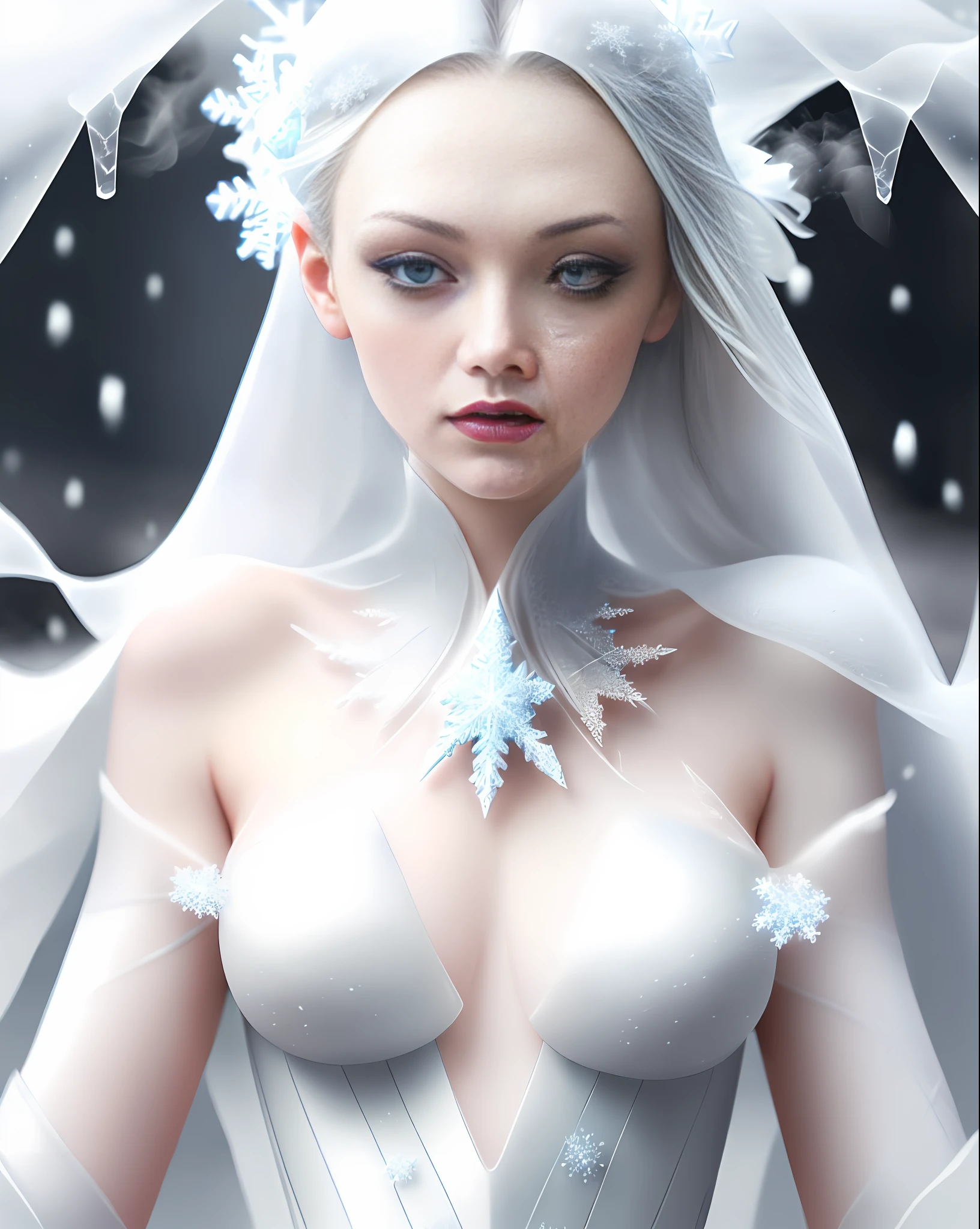 AMANDA SEYFRIED with breasts covered by ice and snow, hyper realistic intricate skin, light white translucent fabric as smoke, blue eyes, white hair, black lipstick, white eyebrow, smoky makeup, cold place, falling snow, blizzard, white gloves, white background, snowflakes, ice, lots of fog in the background, (photo with better quality, a masterpiece, sensuality and elegance, depth of field, HD, photograph taken by Sony R7 camera with 85mm Full frame lenses, f1.2 aperture), portrait style