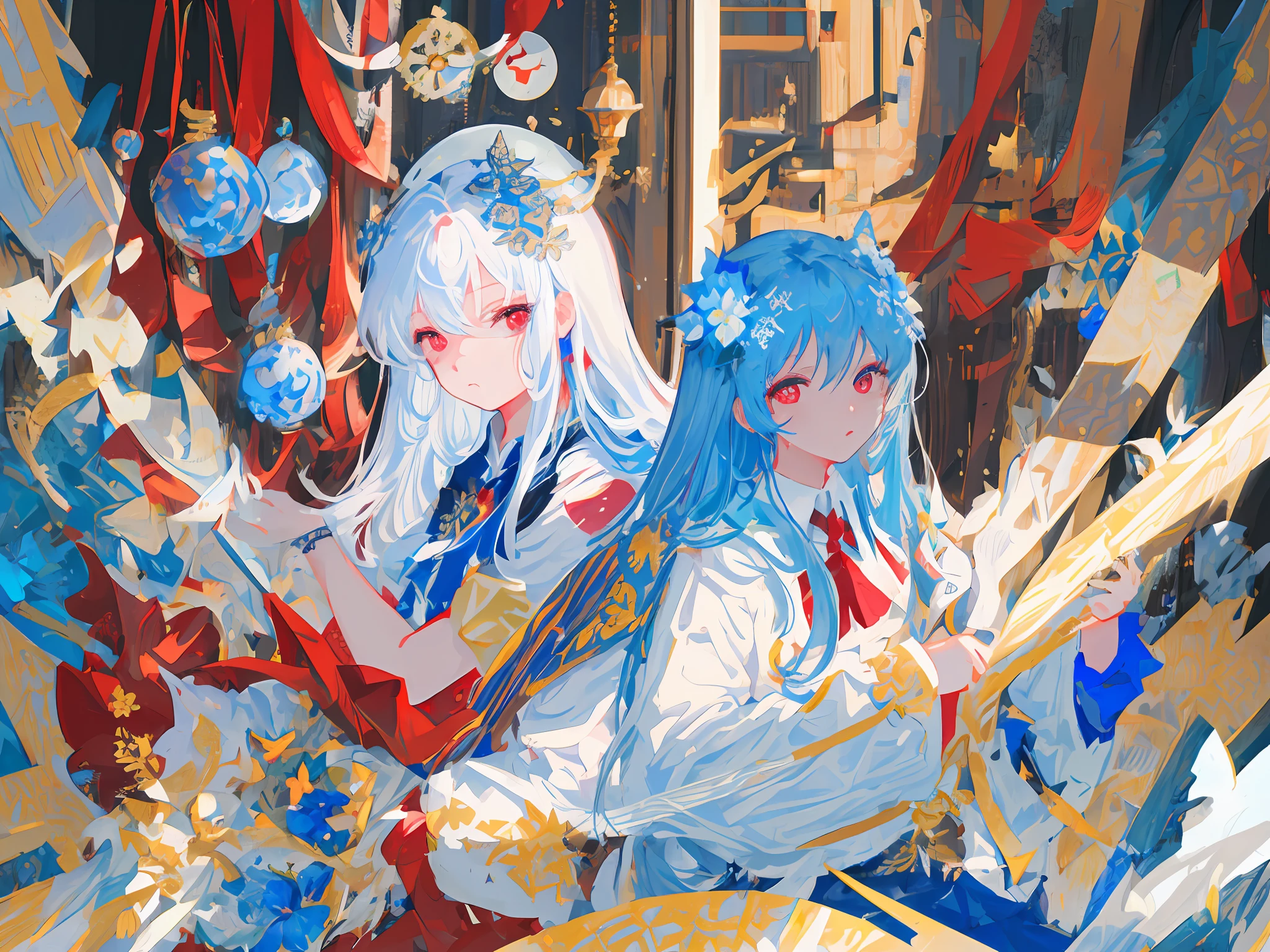 masterpiece, top quality, super detail, illustration, frontal, face focus, one girl, light blue long hair, one small golden flower ornament, red eyes, cold face, white shirt, looking viewer