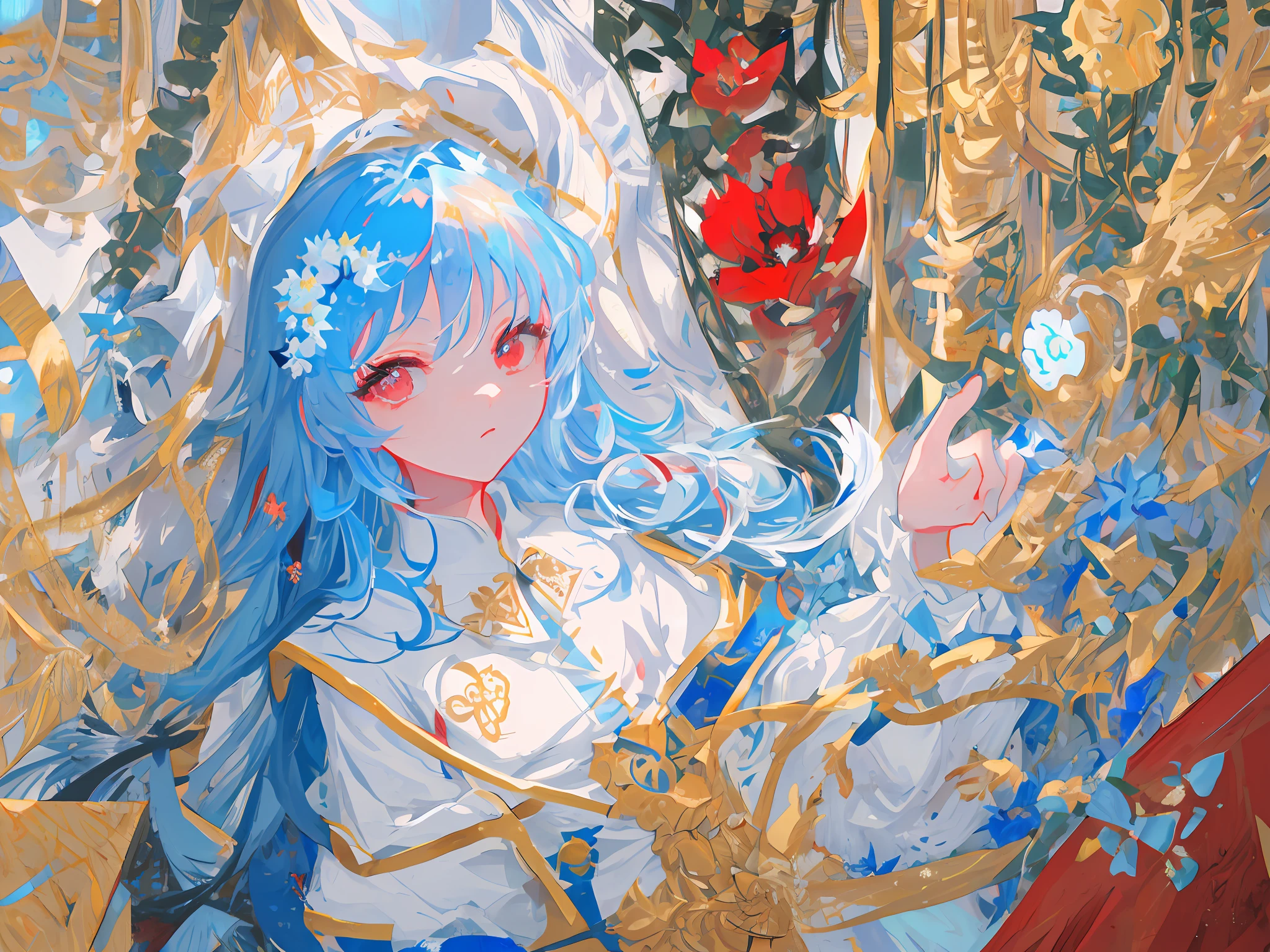 masterpiece, top quality, super detail, illustration, frontal, face focus, one girl, light blue long hair, one small golden flower ornament, red eyes, cold face, white shirt, looking viewer