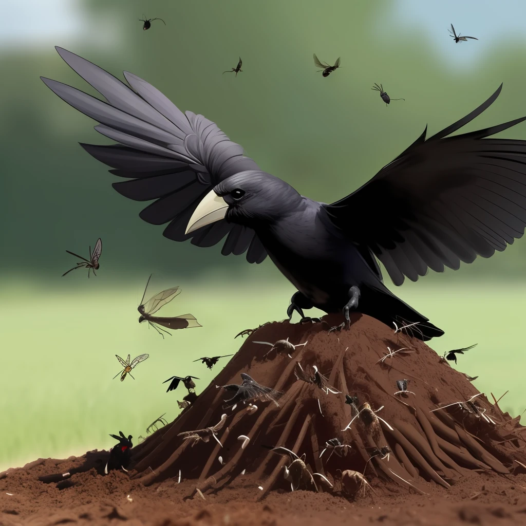a single large corvid attacking insects on a large, tall pile of soil zoomed out view