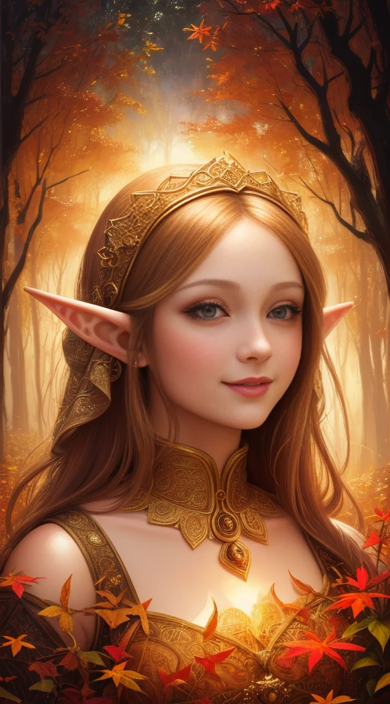 oil painting by Leonardo da Vinci, masterpiece, best quality, magnificent art, 1girl, close-up beautiful elf woman, happy smiling, symmetrical and hyper detailed face, silky peach skin, charming and vibrant eyes, enchanted forest, enchanted forest, fairy tale, cinematic, movie, autumn afternoon, warm and vibrant colors, Adobe Illustration, Trending on Artstation, 8K, hd, UHD, (sparks: 0.6), intricate details, warm and soft lighting