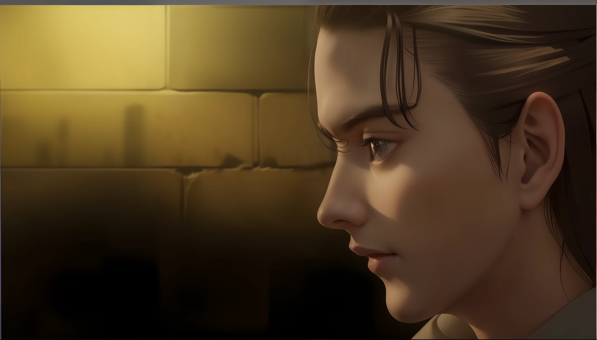 best quality, masterpiece, (realistic: 1.2), 1 man, Eren Jaeger, real life, live action, black jeans, brown hair, manbun, tied hair, attack on Titan, cold background, black jacket, slim body, high definition, high quality, sideways, side photo