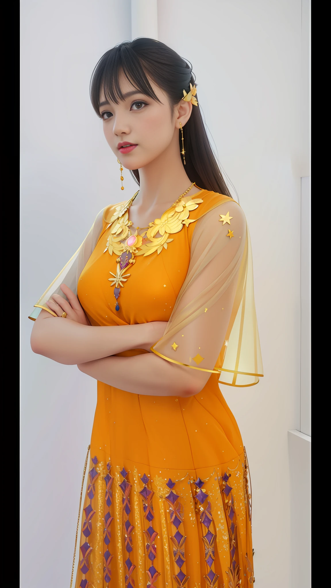 best quality, masterpiece, highres, 1girl,blush,(seductive smile:0.8),star-shaped pupils,necklace, jewelry,Beautiful face,upon_body, tyndall effect,photorealistic, dark studio, rim lighting, two tone lighting,(high detailed skin:1.2), 8k uhd, dslr, soft lighting, high quality, volumetric lighting, candid, Photograph, high resolution, 4k, 8k, Bokeh,,not sexy dress