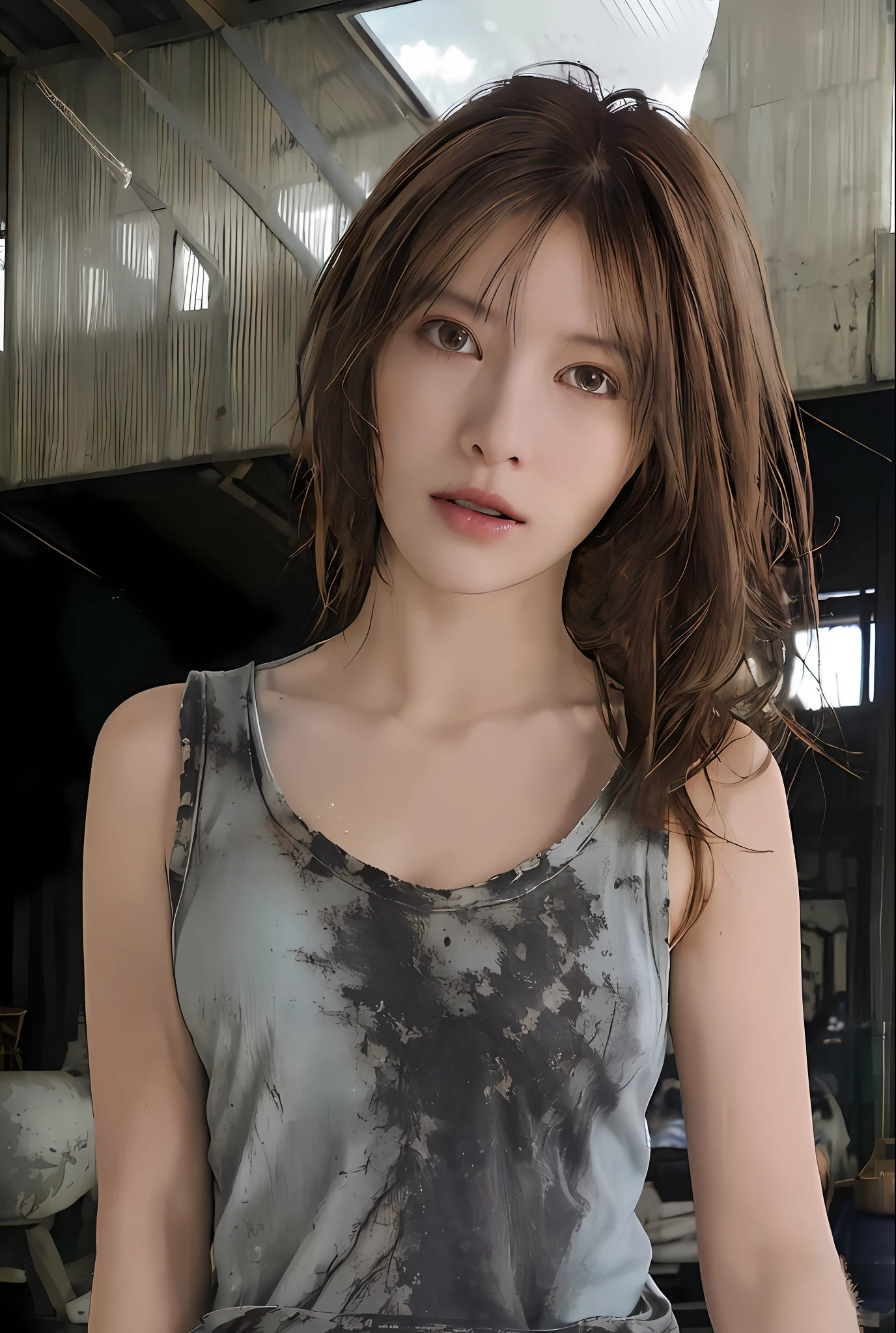 ((Woman in sexy, worn-out torn cotton tank top in cluttered barn)), ((Detailed and realistic face and eyes)), Cinematic lighting, 8K resolution, (Model shooting style), Sunset, (from_below:1.4), Soft little cover by (ripped cotton tank top) Natural breasts
