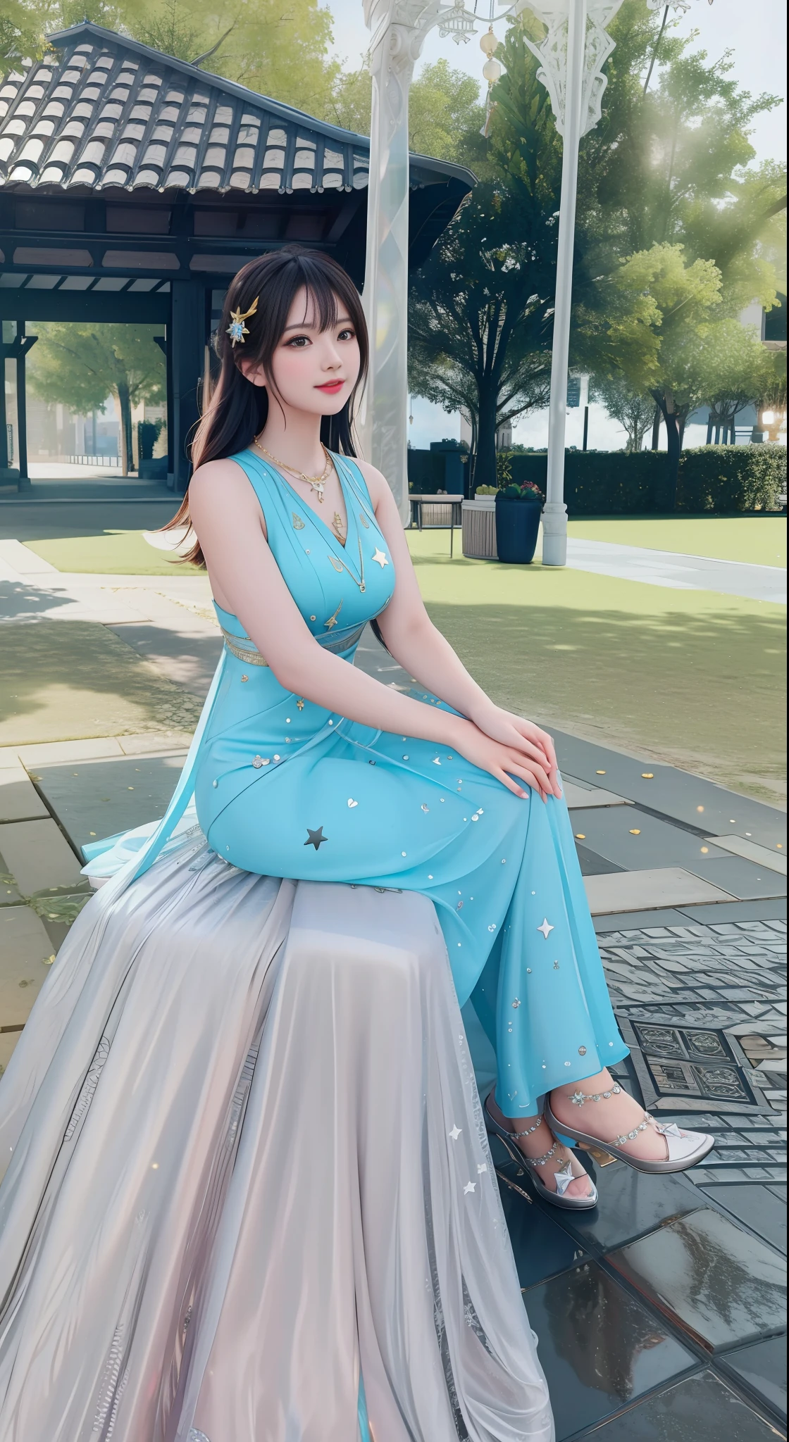 best quality, masterpiece, highres, 1girl,blush,(seductive smile:0.8),star-shaped pupils,necklace, jewelry,Beautiful face,upon_body, tyndall effect,photorealistic, dark studio, rim lighting, two tone lighting,(high detailed skin:1.2), 8k uhd, dslr, soft lighting, high quality, volumetric lighting, candid, Photograph, high resolution, 4k, 8k, Bokeh,,not sexy dress
