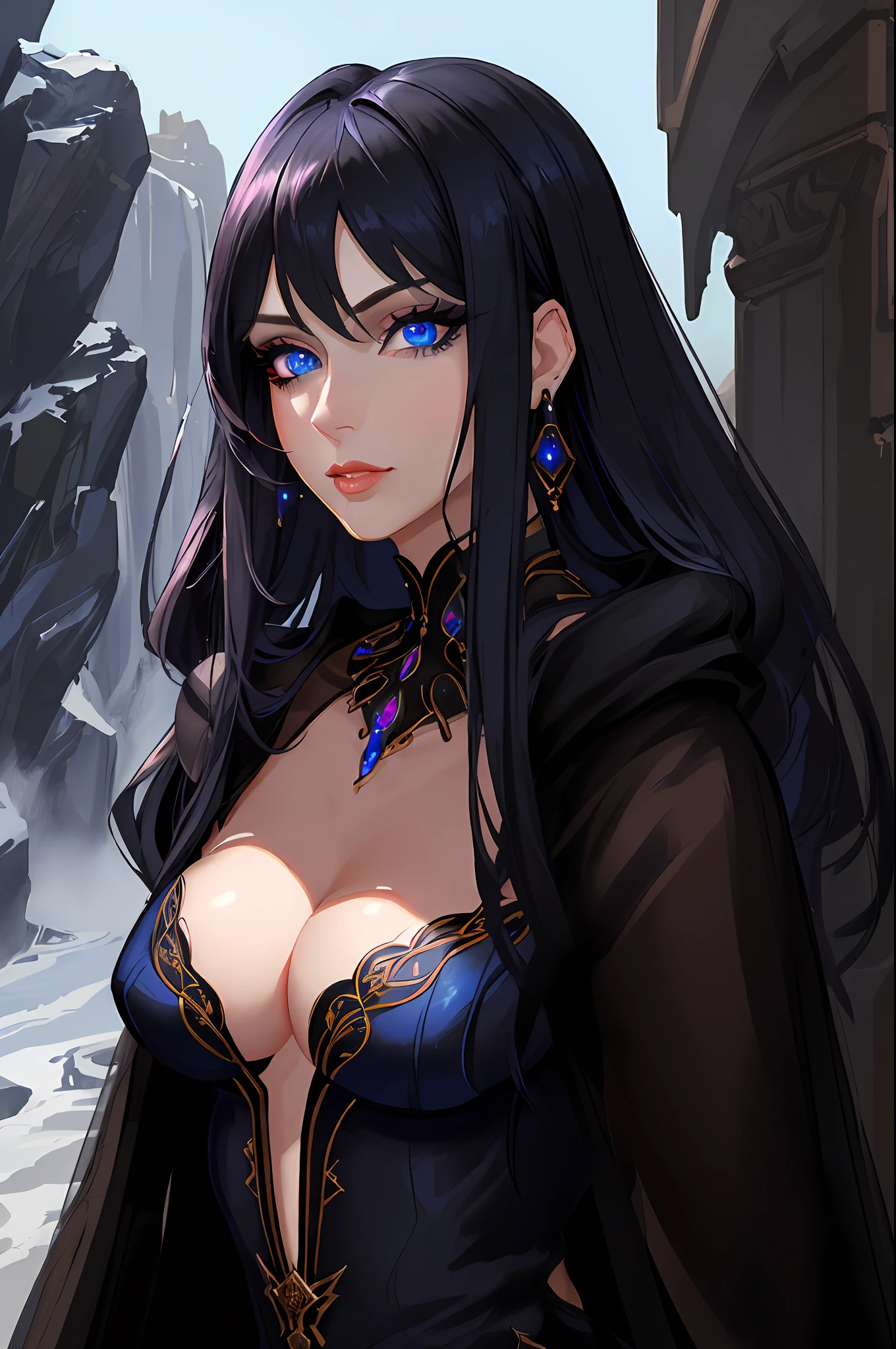 masterpiece, best quality, 8K, 1girl, older MILF, black hair, vibrant blue eyes, long hair with fringe, black makeup, detailed_eyes, thick_eyelashes, ((close_up, portrait)), (outdoor background), fantasy, mage, cleavage (((small breast))), jewelry, earring