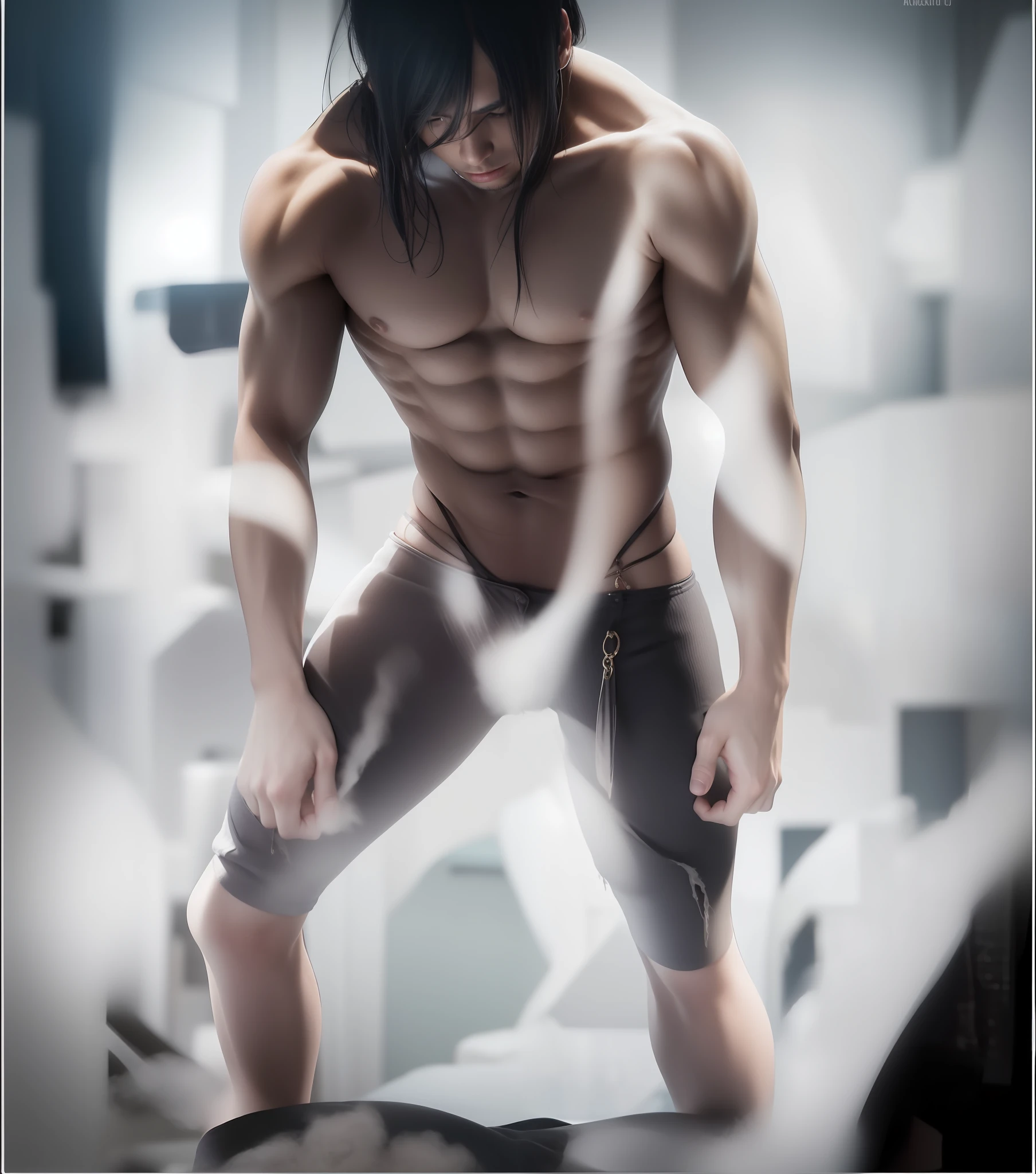 best quality, masterpiece, (realistic: 1.2), 1 man, Eren Jaeger, real life, live action, black jeans, black pants, brown hair, attack on Titan, abs, muscle, shirtless, sunset background, fitness, fit body, slim body, skinny muscles, high definition, high quality, walking, manbun, tied hair, man-bun, loose pants, loose jeans, black jeans