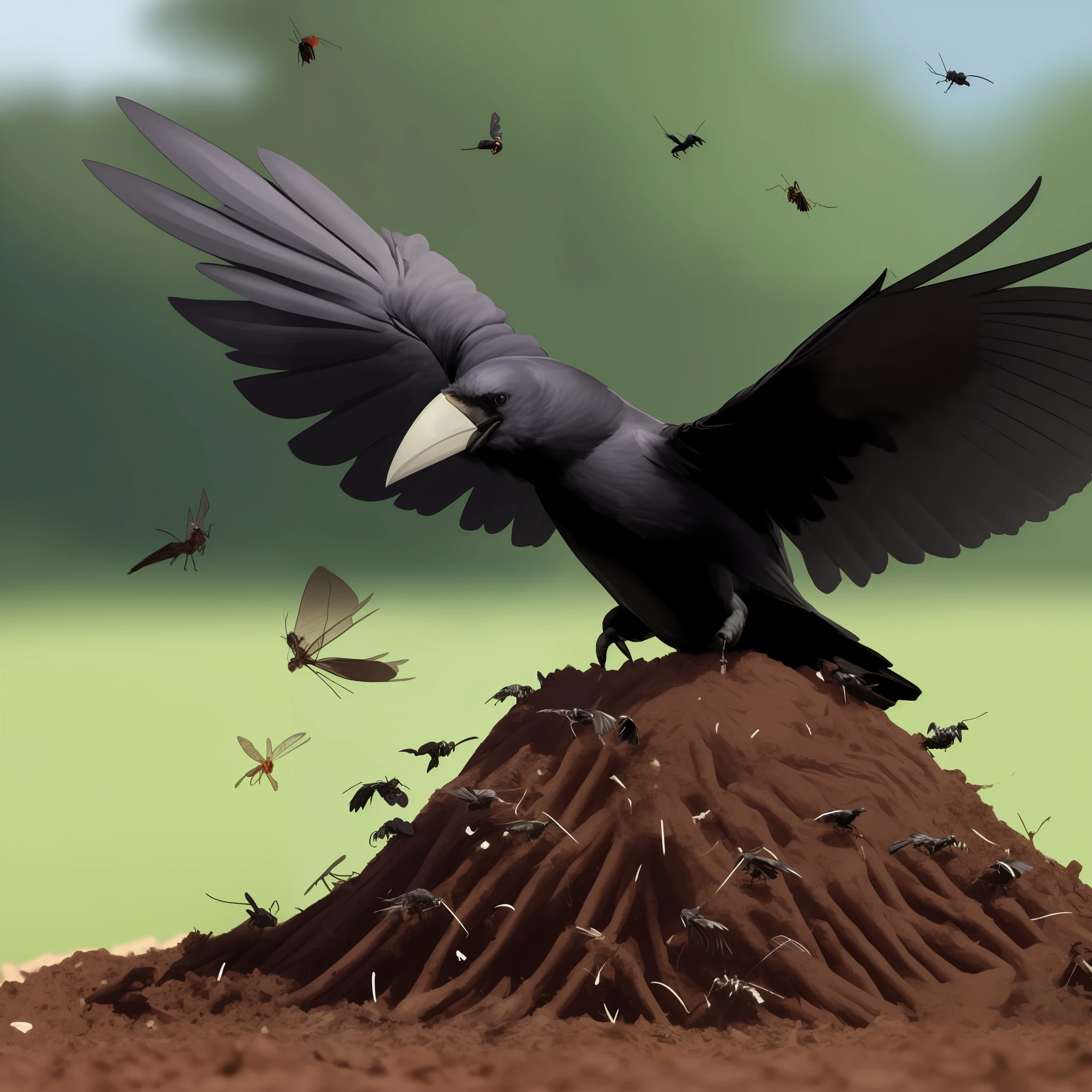 a single large corvid attacking insects on a large, tall pile of soil zoomed out view