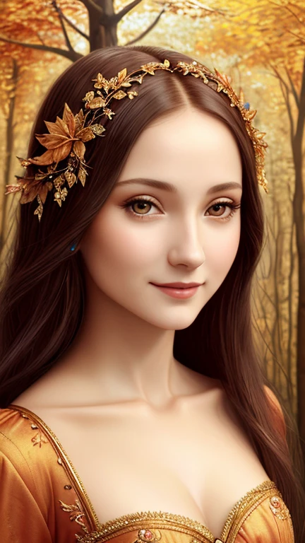 (Deliberate model), oil painting by Leonardo da Vinci, masterpiece, best quality, magnificent art, 1girl, close-up beautiful elf woman, happy smiling, symmetrical and hyper detailed face, silky peach skin, charming and vibrant eyes, enchanted forest, enchanted forest, fairy tale, cinematic, movie, autumn afternoon, warm and vibrant colors, Adobe Illustration, Trending on Artstation, 8K, hd, UHD,  (sparks: 0.6), intricate details, warm and soft lighting, --q 500 --s 100, -
