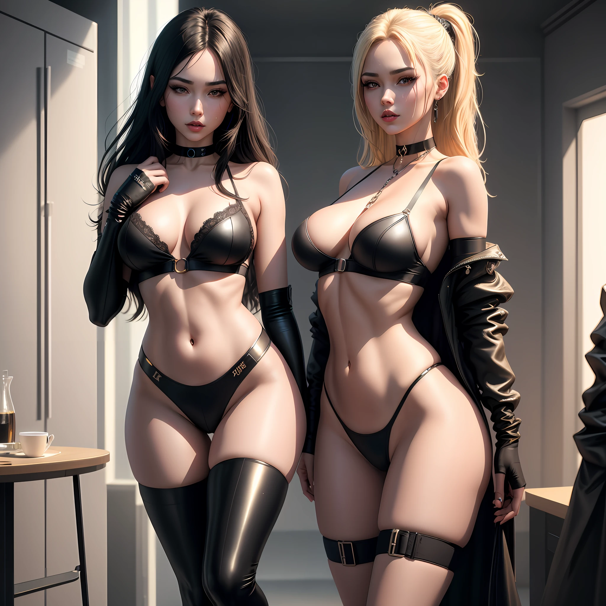 "Complete artwork masterpiece, high quality, ultra detailed in 4k, 8k, high resolution, hyper-realistic photo, hyper-detailed, realistic skin texture, amazing shadows, background, extremely detailed texture, perfect lighting, high-level image quality." A cruel mistress with dark hair, kissing her blonde friend, blond is on a leash, fair skin, Full body, sensual poses, armps up, armpit, black lingerie, long black hair, brown eyes, defined face, small breasts, choker, use reference picture as role model, high detailed bedroom on the back, cyberpunk theme, cyberpunk clothes, yuri, ecchi
