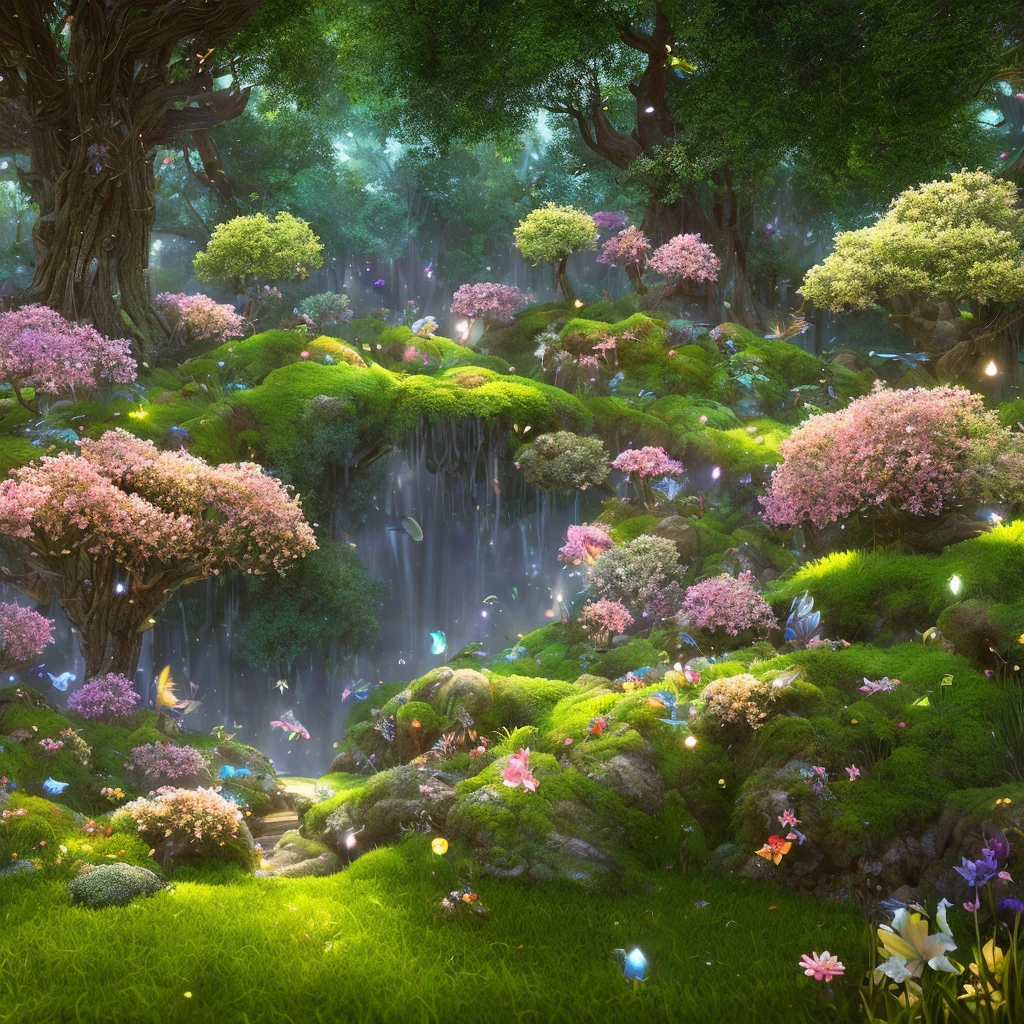 Masterpiece, best quality, (very detailed CG unity 8k wallpaper), (best quality), (best illustration), (best shadows), (many layers of bizarre moots covered with moss)), surrounded by animals, butterflies, (large trees in the distance, colorful clouds, flocks of birds), fluttering leaves, petals, ((many flowers on the grass: 1))), isometric 3D, octane rendering, ray tracing, night, fireflies, fantastical, dreamy, colorful, very detailed