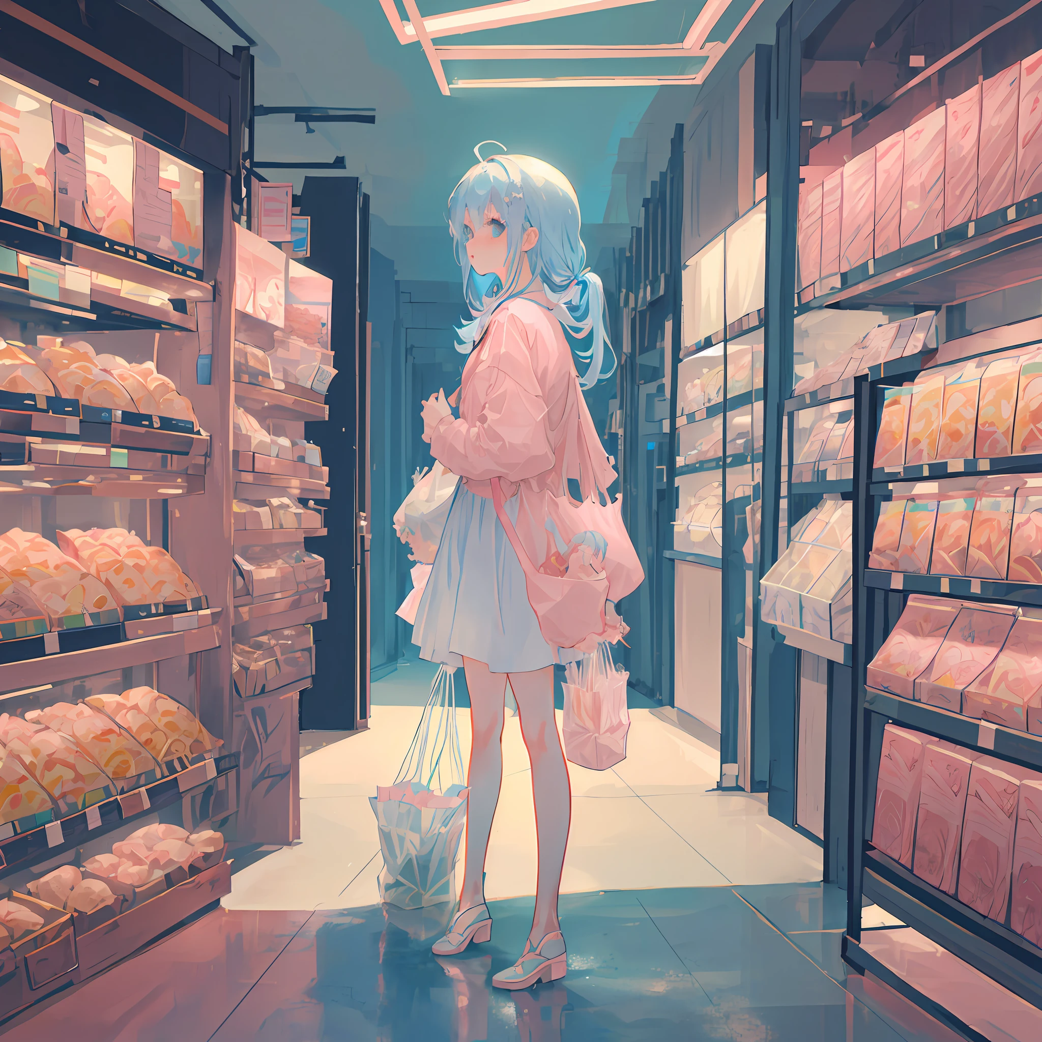 Masterpiece, best quality, a girl with long light blue hair, soft pink clothes, picking out food in a mall holding a shopping bag