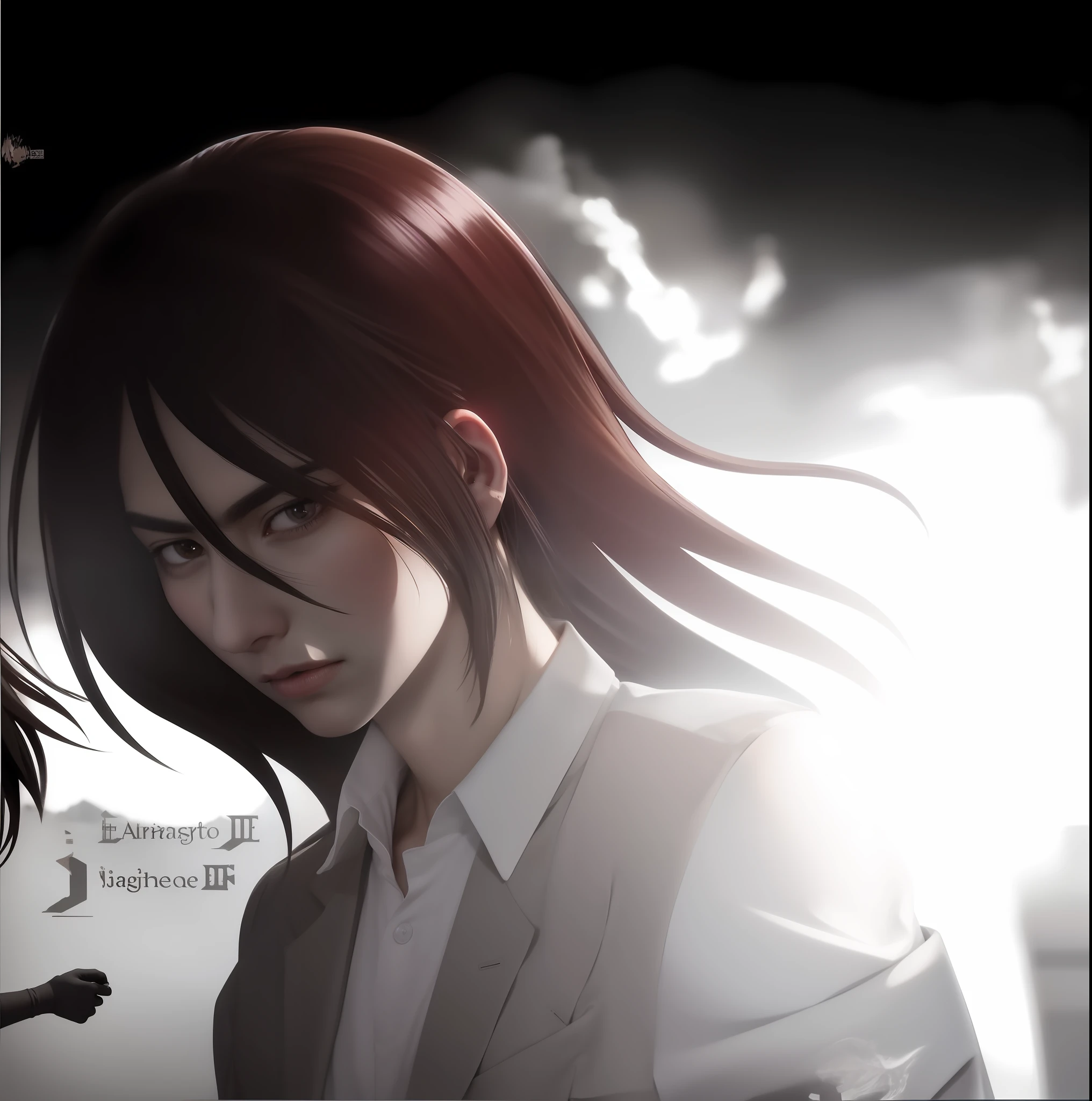 best quality, masterpiece, (realistic: 1.2), 1 man, Eren Jaeger, real life, live action, black jeans, brown hair, loose hair, long hair, attack on Titan, cold background, black jacket, slim body, high definition, high quality, sunset background