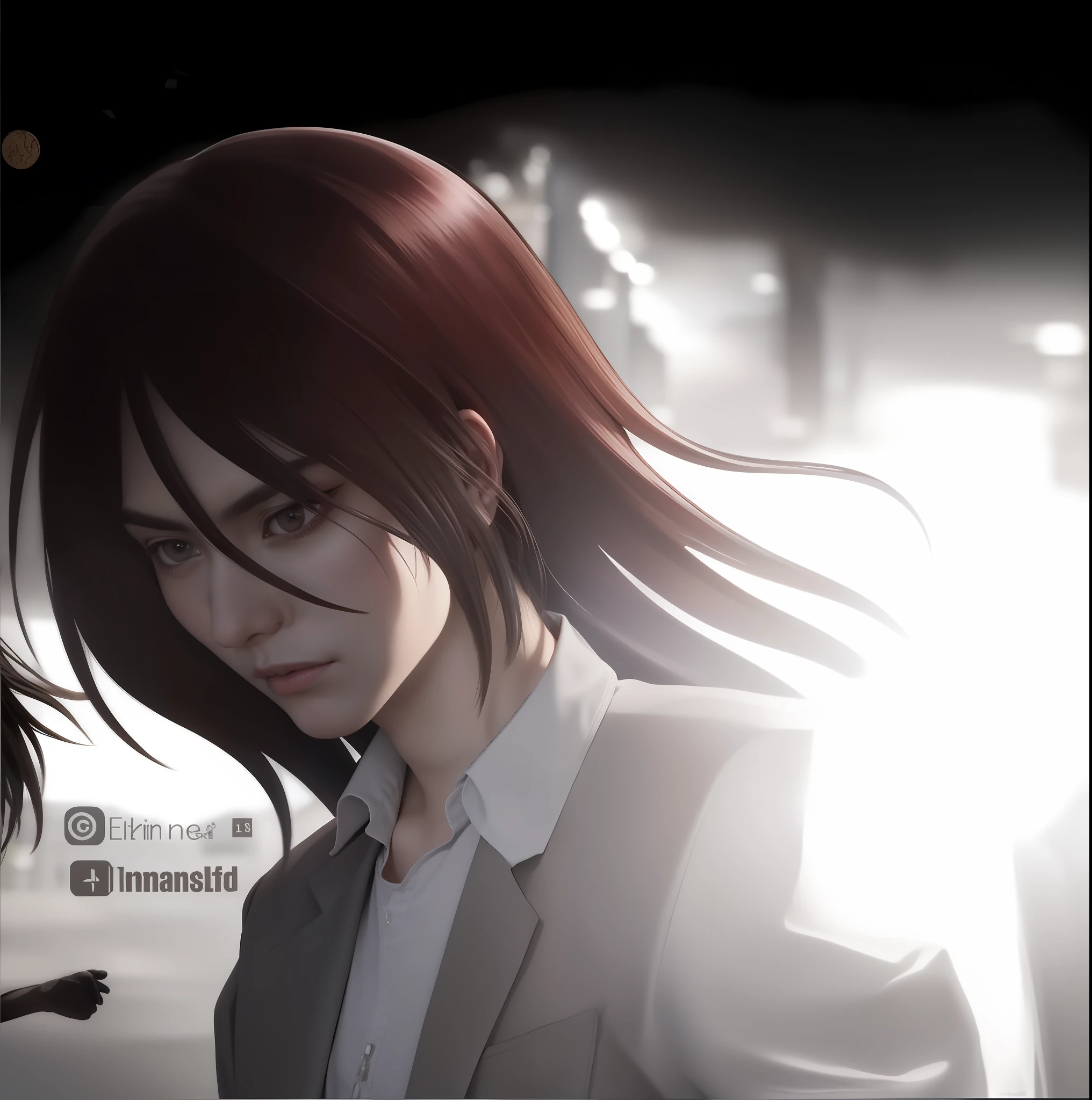 best quality, masterpiece, (realistic: 1.2), 1 man, Eren Jaeger, real life, live action, black jeans, brown hair, loose hair, long hair, attack on Titan, cold background, black jacket, slim body, high definition, high quality, sunset background