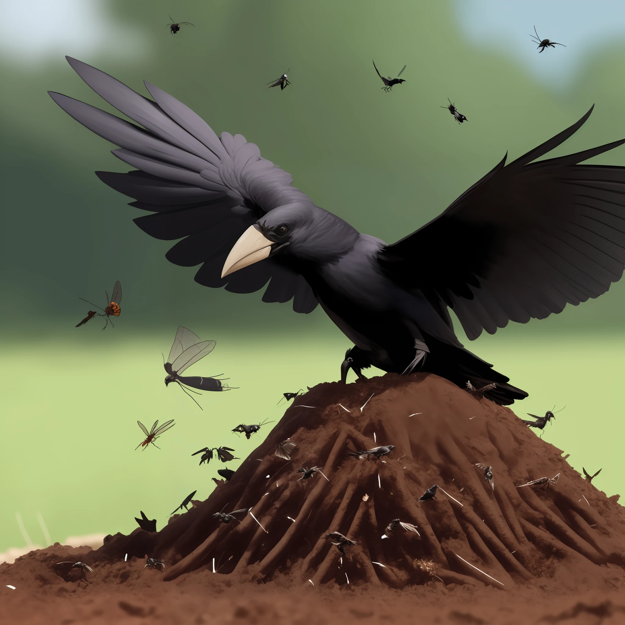 a single large corvid attacking insects on a large, tall pile of soil zoomed out view