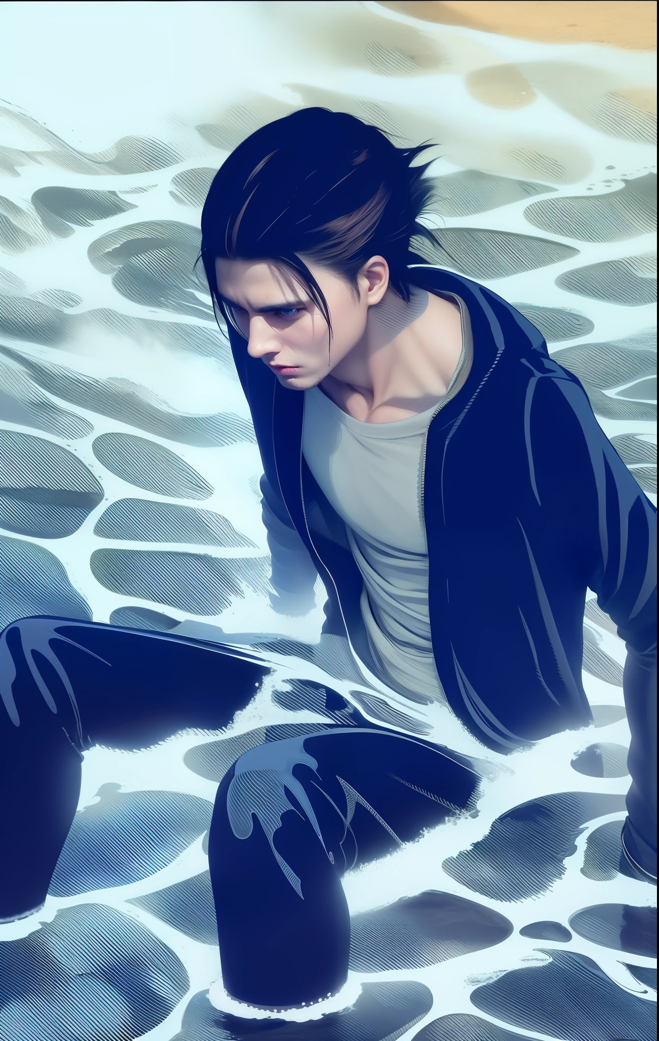 best quality, masterpiece, (realistic: 1.2), 1 man, Eren Jaeger, real life, live action, black jeans, brown hair, loose hair, long hair, attack on Titan, cold background, black jacket, slim body, high definition, high quality, sea, water, in the water