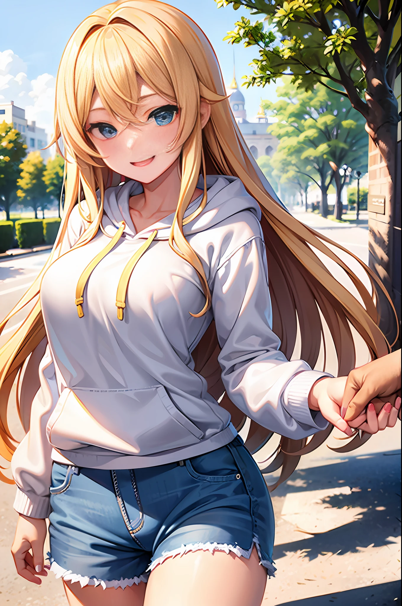 Blonde long hair, smiling, e cup, white hoodie, jean shorts, holding hands, (blushing face:1.2), park background