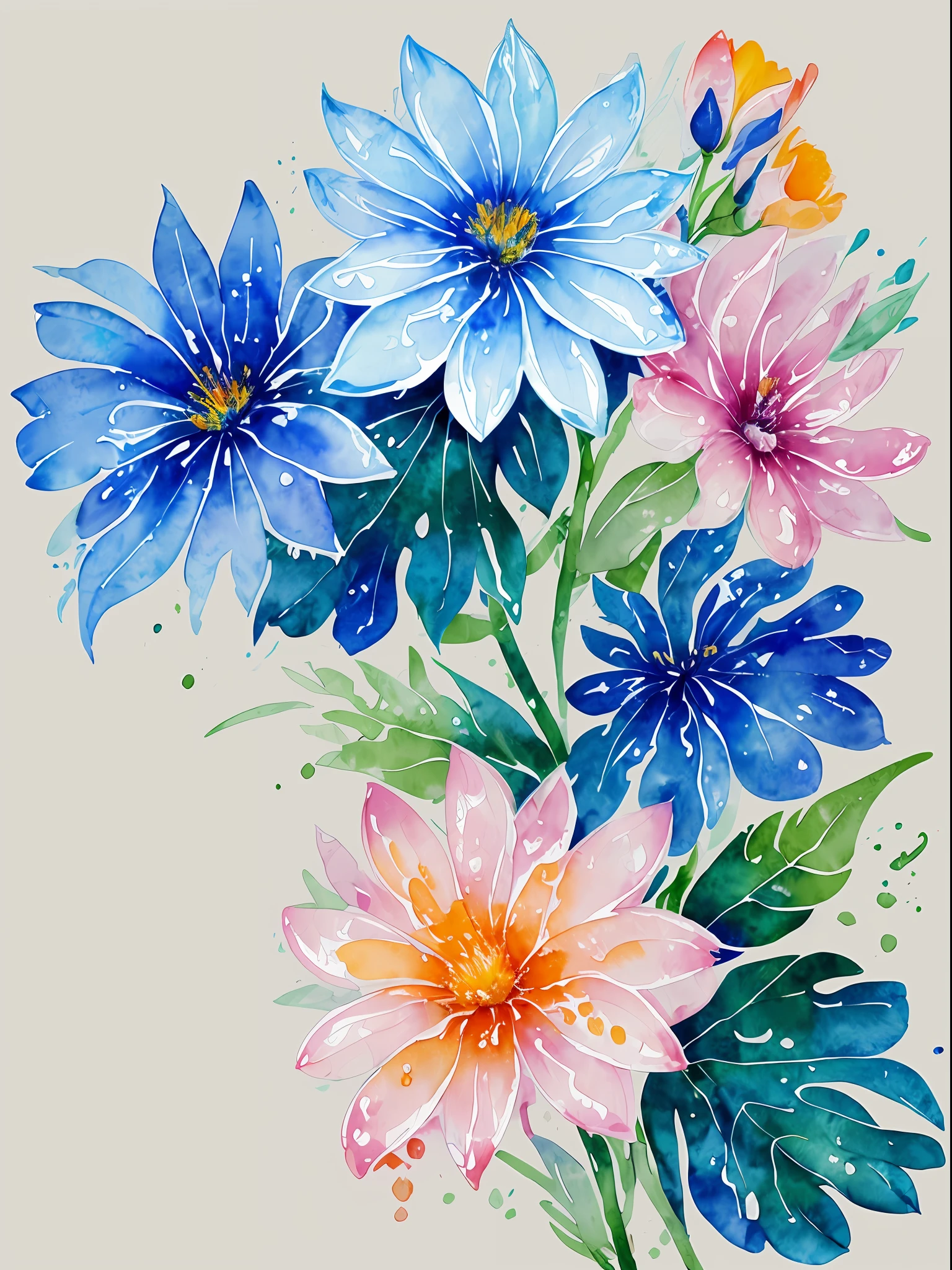 watercolor, flower, beautiful, watercolor style, flower and leaf patterns, wet on wet technique, muted, indigo, fabric design, flat illustration, highly detailed clean, vector image, masterpiece, professional, isometric, bright vector, white background, dry brush, brush strokes, painted on canvas, by J.M.W. Turner. expressive marks.