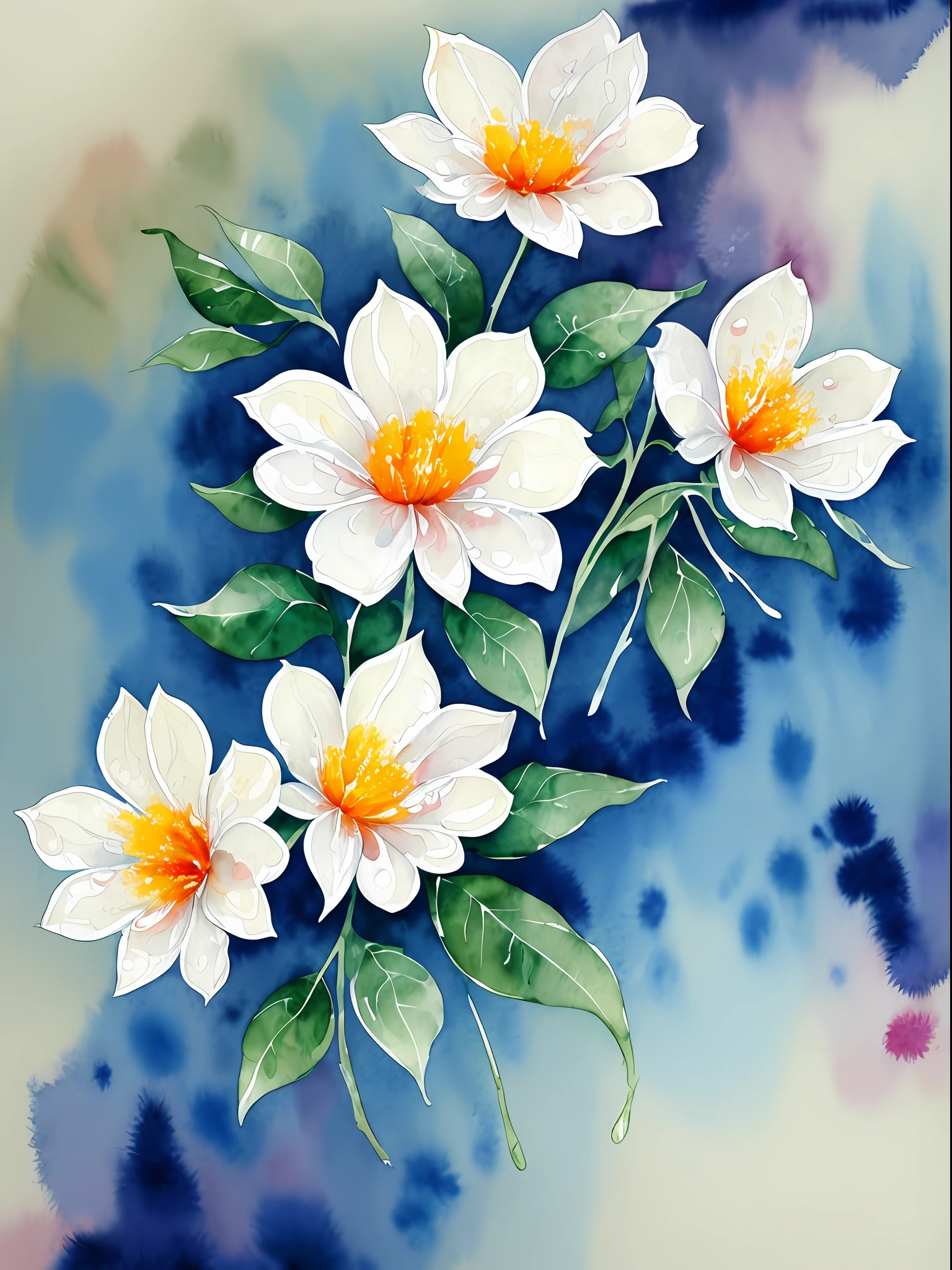 watercolor, flower, beautiful, watercolor style, flower and leaf patterns, wet on wet technique, muted, indigo, fabric design, flat illustration, highly detailed clean, vector image, masterpiece, professional, isometric, bright vector, white background, dry brush, brush strokes, painted on canvas, by J.M.W. Turner. expressive marks.