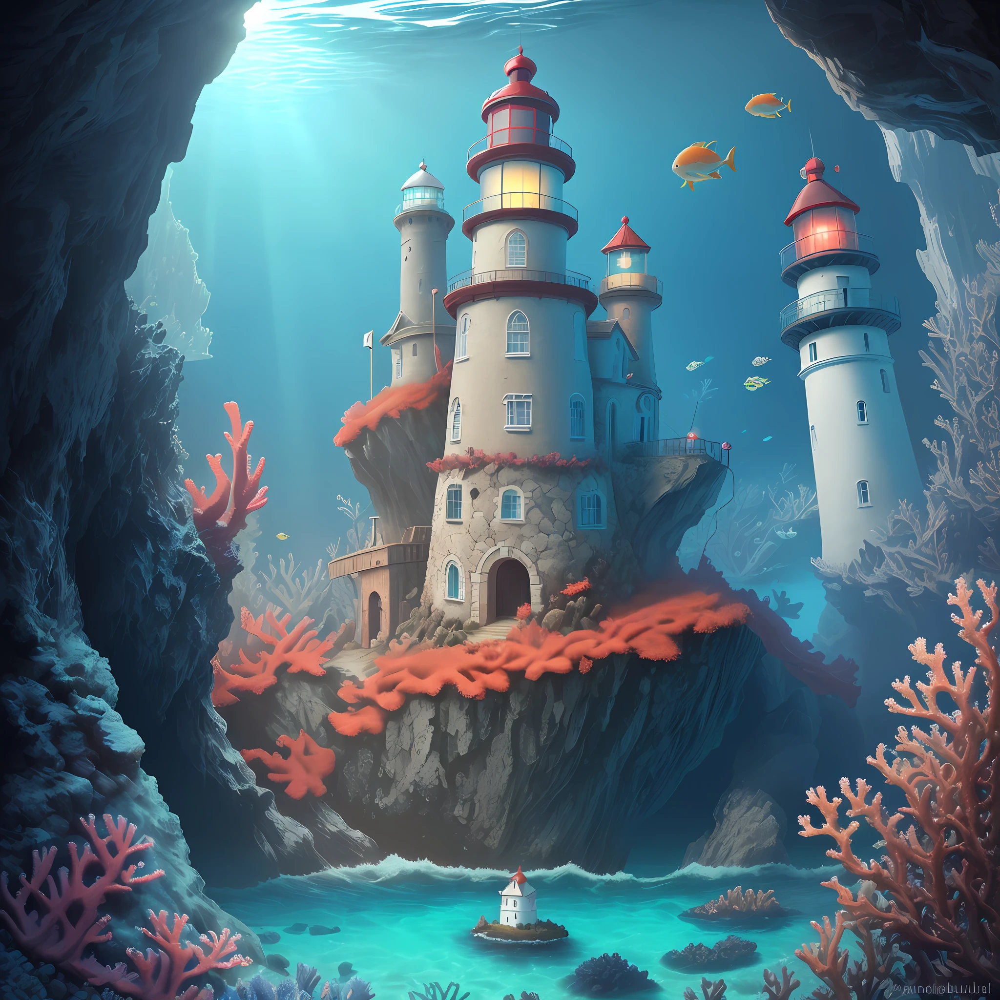 Ultra-Detailed, Digital Art

Coastal, (underwater:1.2), colourful, 

Lighthouse, (old:1.2), (made of rock:1.2), (coral reef:1.2), (sea life:1.1), 

Giant octopus hugging lighthouse, (cute:1.2),

Armor, (Large Detailed Pauldrons:1.2), Shoulder