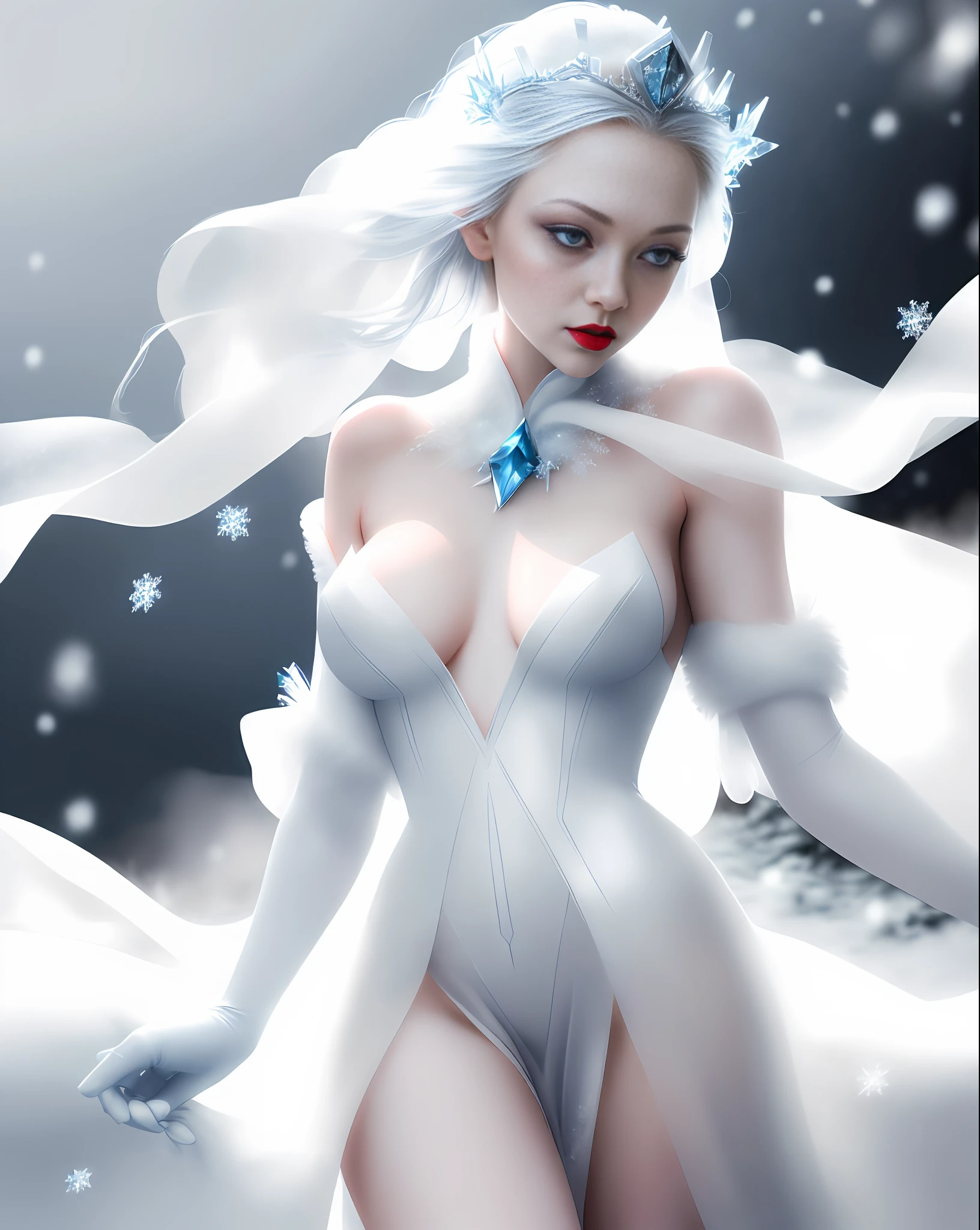 AMANDA SEYFRIED, beautiful face, perfect, detailed sharp eyes, large pointed breasts covered by ice, light white translucent fabric as smoke, blue eyes, crystal crown, white hair, red lipstick, red makeup, thick legs, cold place, falling snow, blizzard, white gloves, white background, snowflakes, ice, lots of fog in the background, (photo with better quality, a masterpiece, sensuality and elegance, ultra detailed, ultra realistic, depth of field, HD, photograph taken by Sony R7 camera with 85mm Full frame lenses, f1.2 aperture), portrait style