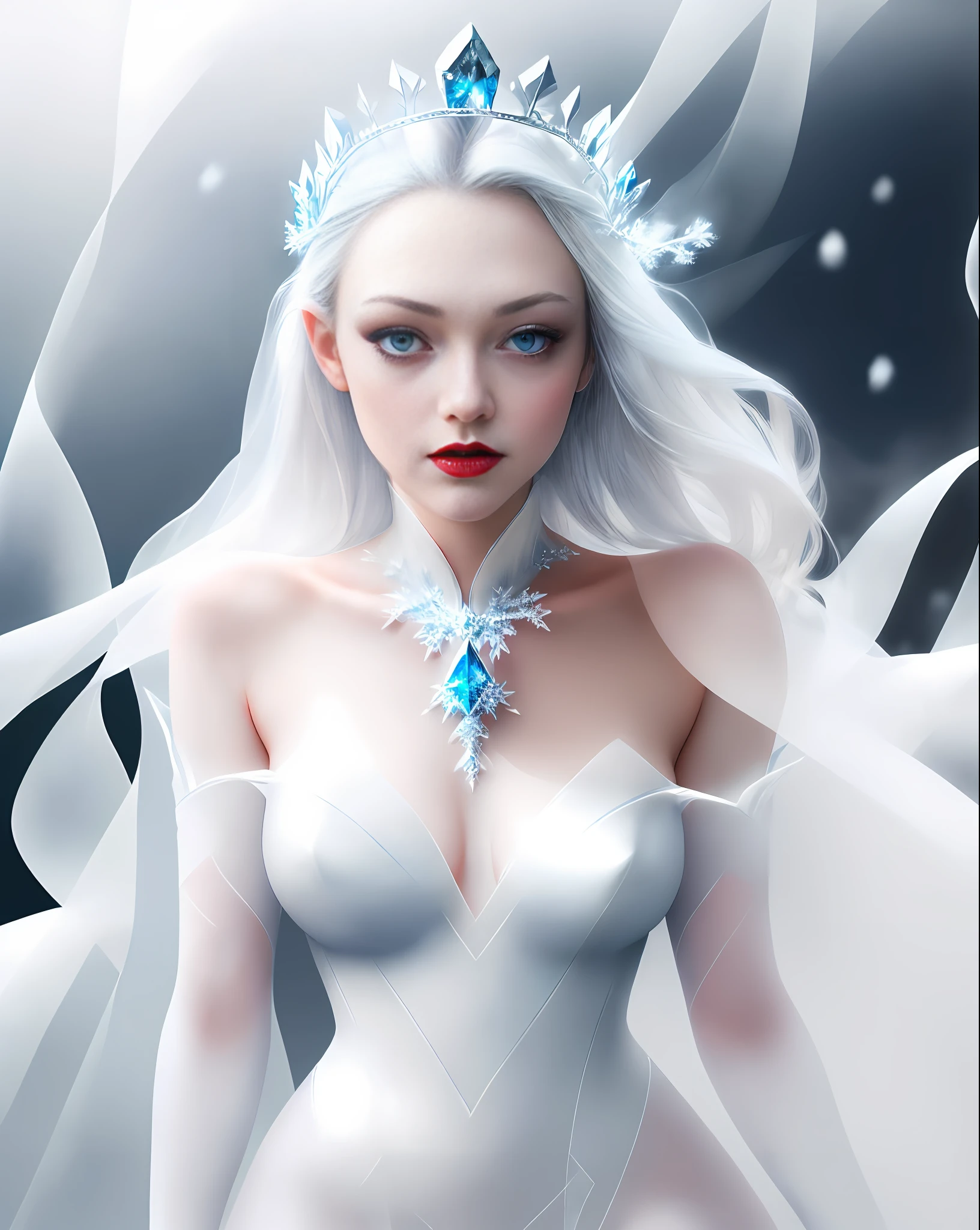 AMANDA SEYFRIED, beautiful face, perfect, detailed sharp eyes, large pointed breasts covered by ice, light white translucent fabric as smoke, blue eyes, crystal crown, white hair, red lipstick, red makeup, thick legs, cold place, falling snow, blizzard, white gloves, white background, snowflakes, ice, lots of fog in the background, (photo with better quality, a masterpiece, sensuality and elegance, ultra detailed, ultra realistic, depth of field, HD, photograph taken by Sony R7 camera with 85mm Full frame lenses, f1.2 aperture), portrait style