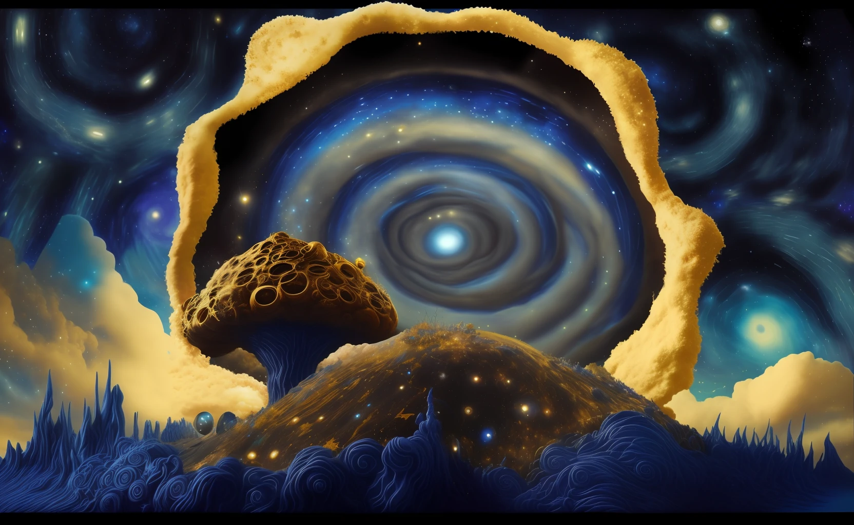 an anthill on the tardis dimension with theme space turbulence set a starry night palette in a starstorm with van gogh cloud