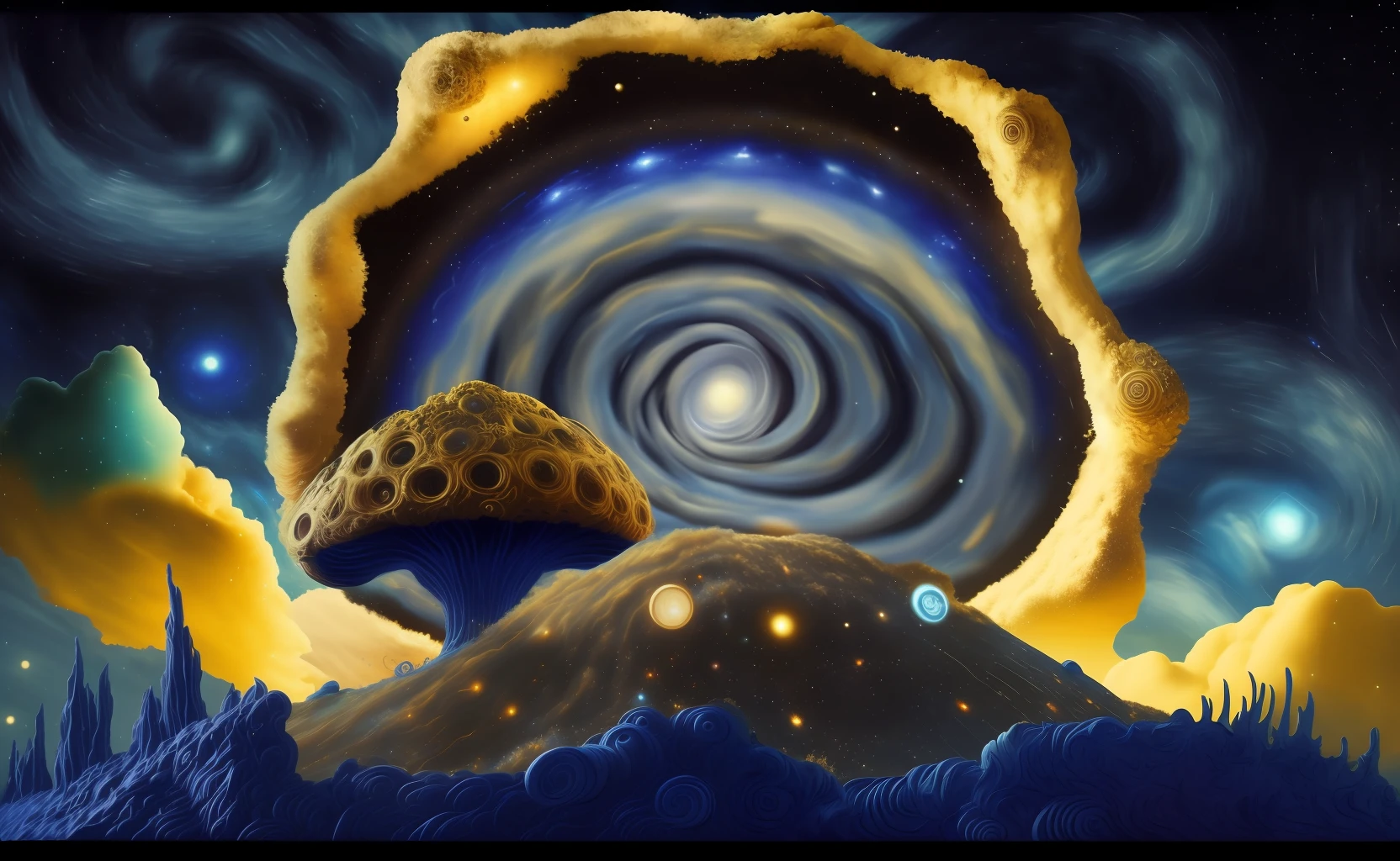 an anthill on the tardis dimension with theme space turbulence set a starry night palette in a starstorm with van gogh cloud