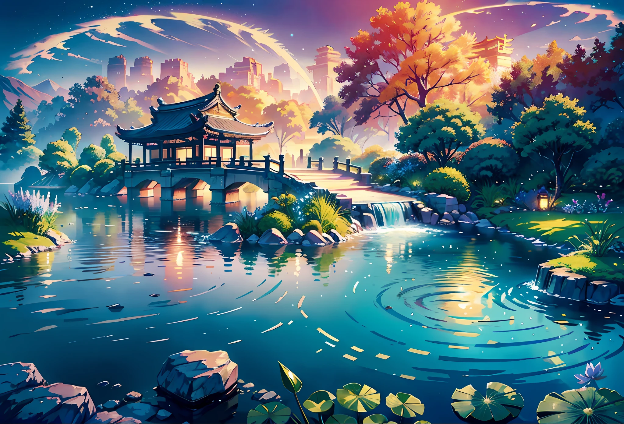 Ancient Chinese architecture, moon, midnight, garden, bamboo, lake, stone bridge, rockery, arch, corner, tree, running water, landscape, outdoor, waterfall, grass, rock, water lily, hot spring, water vapor, (Illustration: 1.0), Epic Composition, Realistic Lighting, HD Details, Masterpiece, Best Quality, (Very Detailed CG Unity 8k) --v 6