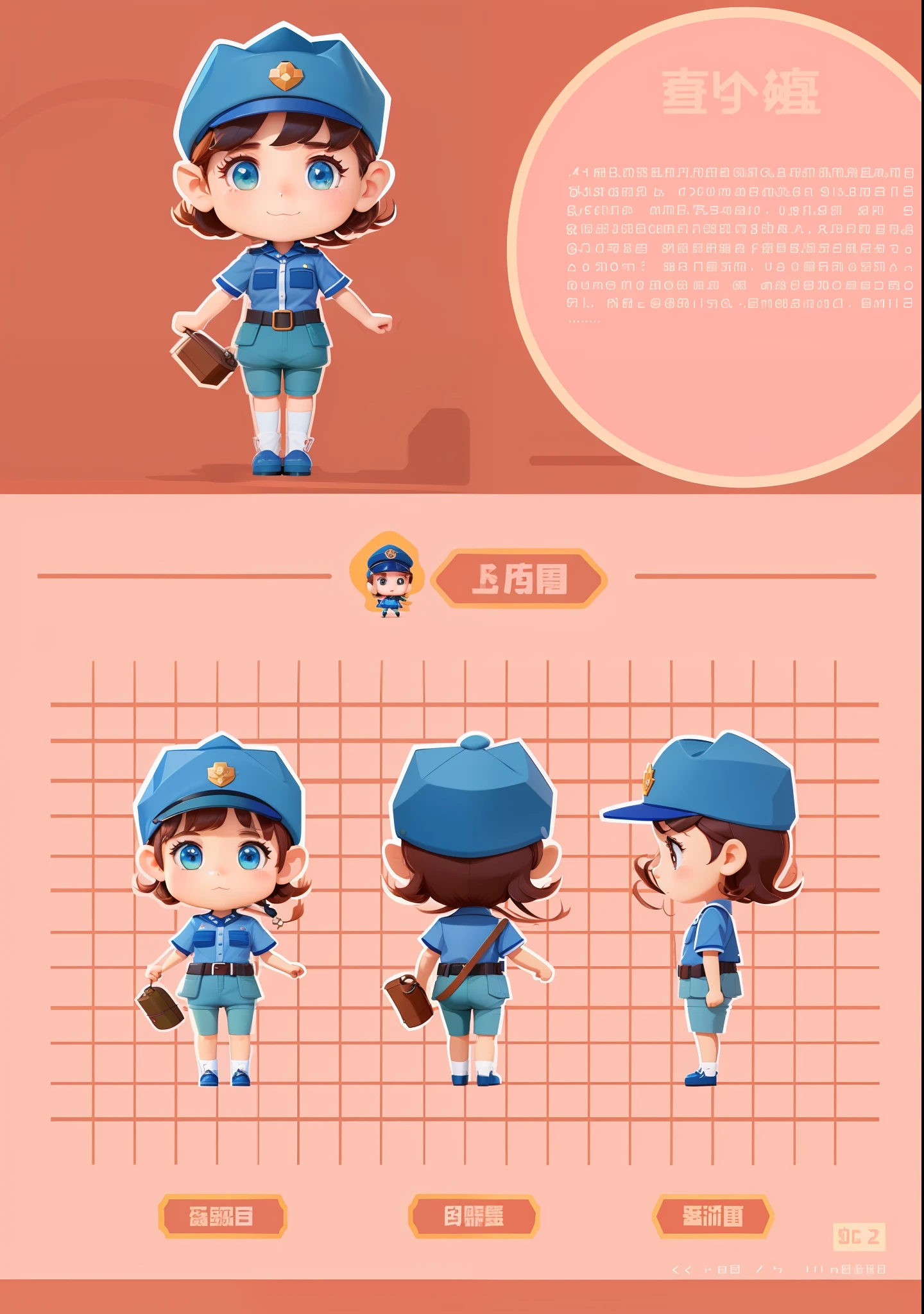 a close up of a cartoon character with a hat and uniform, female explorer mini cute girl, high quality character design, animation character, full body character, full body character design, character is standing, professional character design, game character design, full body single character, 2d illustration, 2 d illustration, cute character, female protagonist 👀 :8, blue uniform