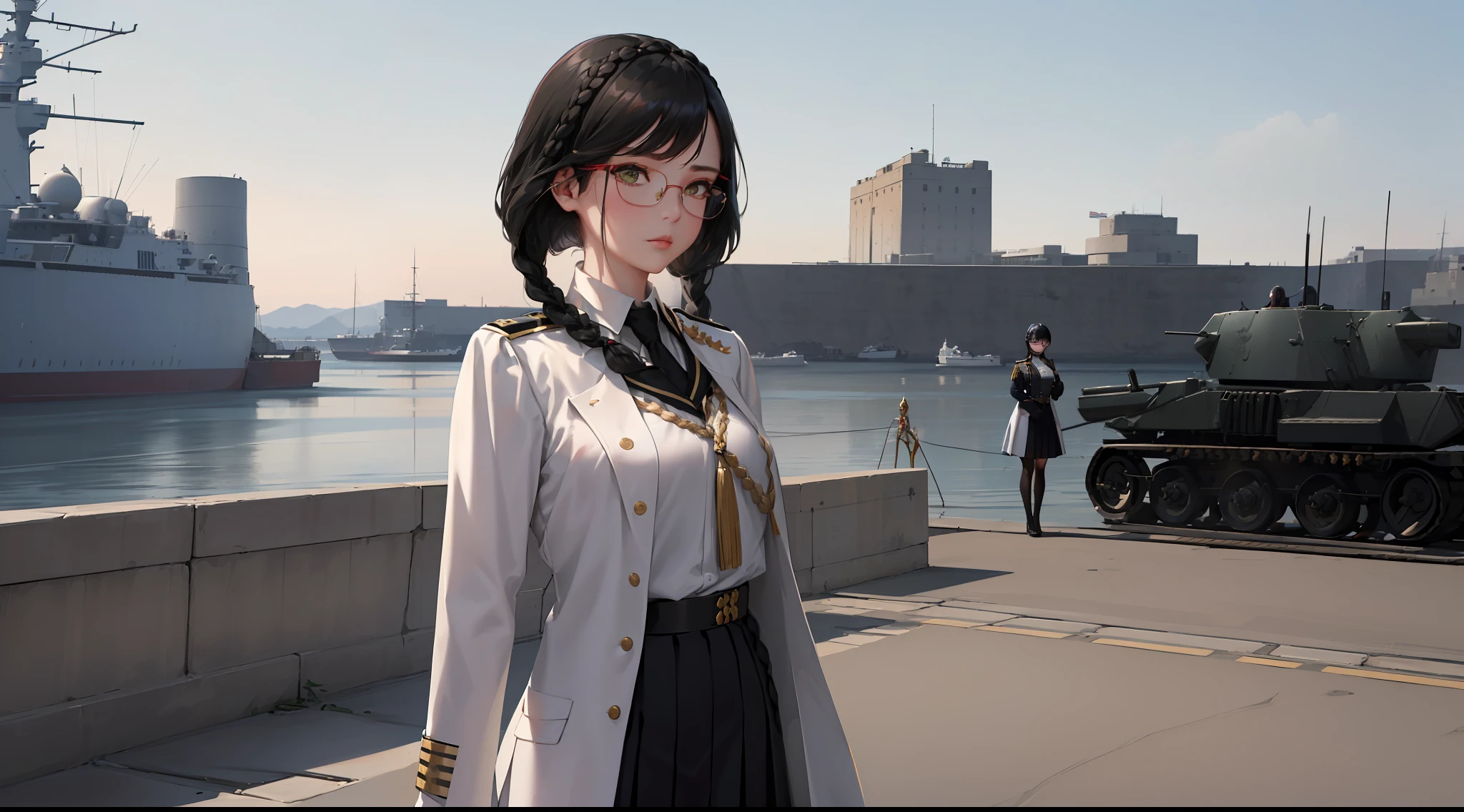 No, adult, modest attire, (reference to the uniform of a U.S. World War II general. : 1.8),white coat,long black skirt,((braided hairstyle,smooth bang front hair)),standing at naval port,government agency,deep intelligent personality,discreet facial expression,respectful face,war,warship,( Dark Green Eyes,Black Hair,Smooth Poll Hairstyles,Double Pia Hairstyles,Top Fine Eyes,Straight Bob Pony Hairstyle,Red Glasses Wear,Dark Green Eyes),Authoritarian Society,Long Distance,Beautiful Delicate Face with Detail, Beautiful Delicate Eyes with Detail, Perfect Face Proportion, High Fine Skin, Fine Skin, Best Four Finger to One Thumb Ratio,Masterpiece, High Detail, Realistic