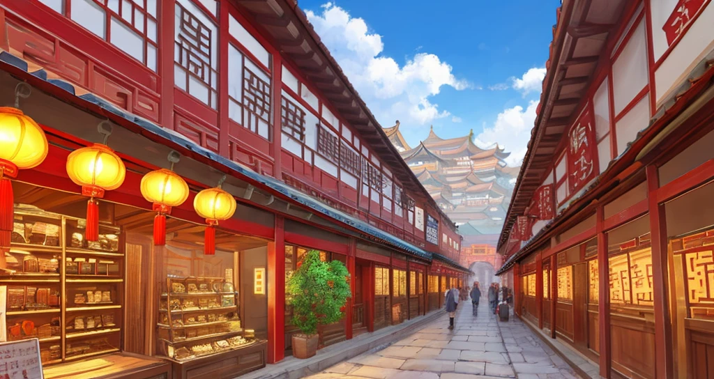 Ancient Chinese streets, Chinese style, ancient buildings, shops, stalls, wide angle lenses