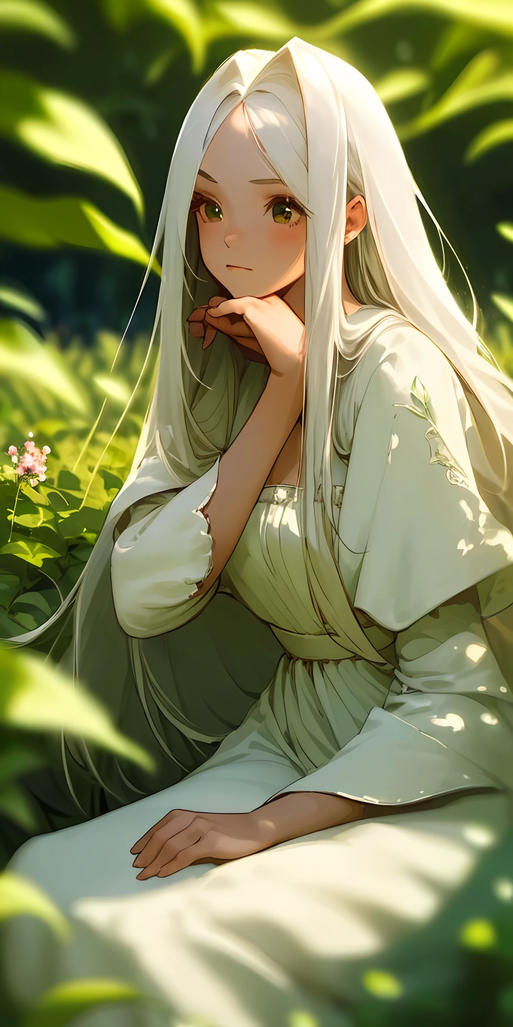 (masterpiece, best quality),1girl with long white hair sitting in a field of green plants and flowers, her hand under her chin, warm lighting, white dress, blurry foreground