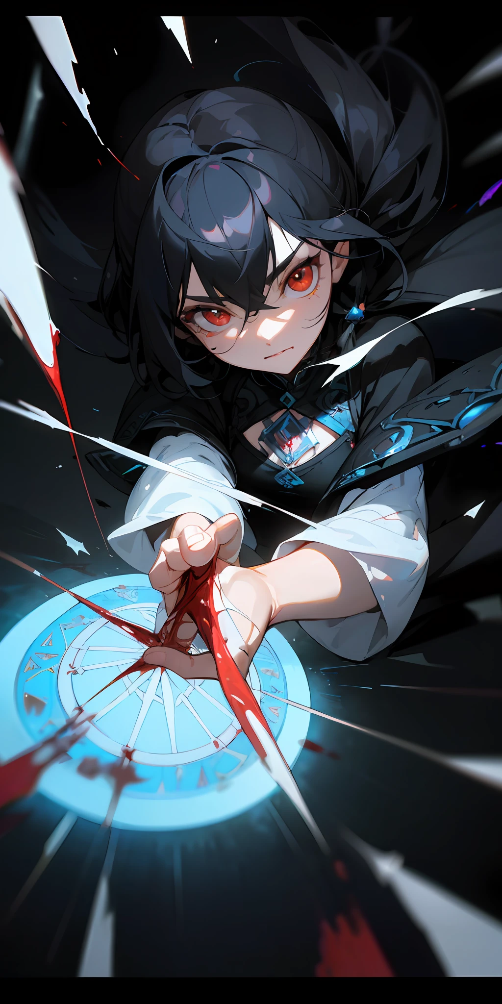 (masterpiece:1.2, best quality), (finely detailed beautiful eyes: 1.2), (detailed background,dark fantasy), (beautiful detailed face), high contrast, (best illumination, an extremely delicate and beautiful), ((cinematic light)), colorful, hyper detail, dramatic light, intricate details, (1 girl, solo,black hair, sharp face,low twintails,red eyes, hair between eyes,dynamic angle), (blood splatter:1.4), swirling black light around the character, depth of field,black light particles,(broken glass),magic circle,