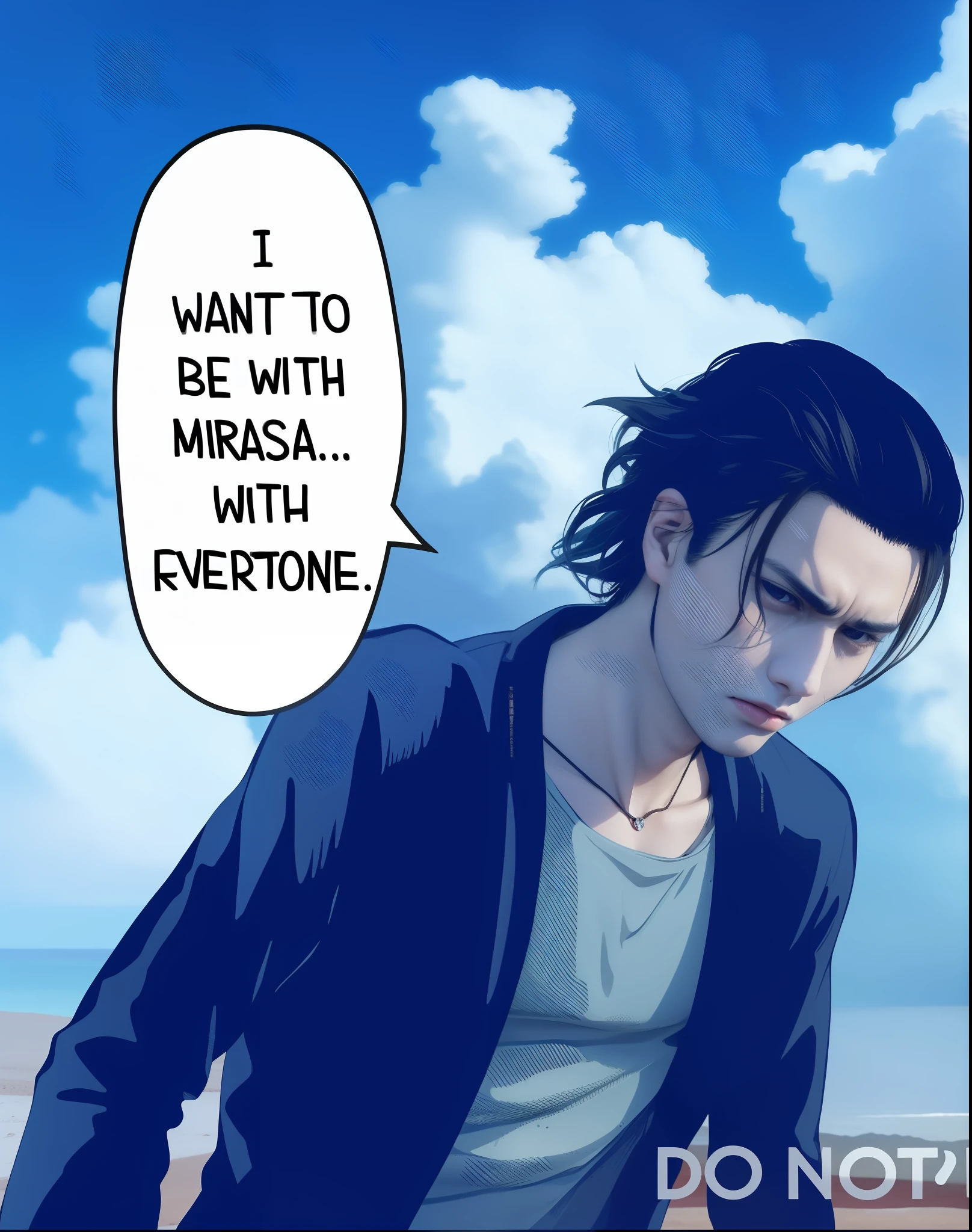 best quality, masterpiece, (realistic: 1.2), 1 man, Eren Jaeger, real life, live action, black jeans, brown hair, loose hair, long hair, attack on Titan, cold background, black jacket, slim body, high definition, high quality, sea, water, in the water