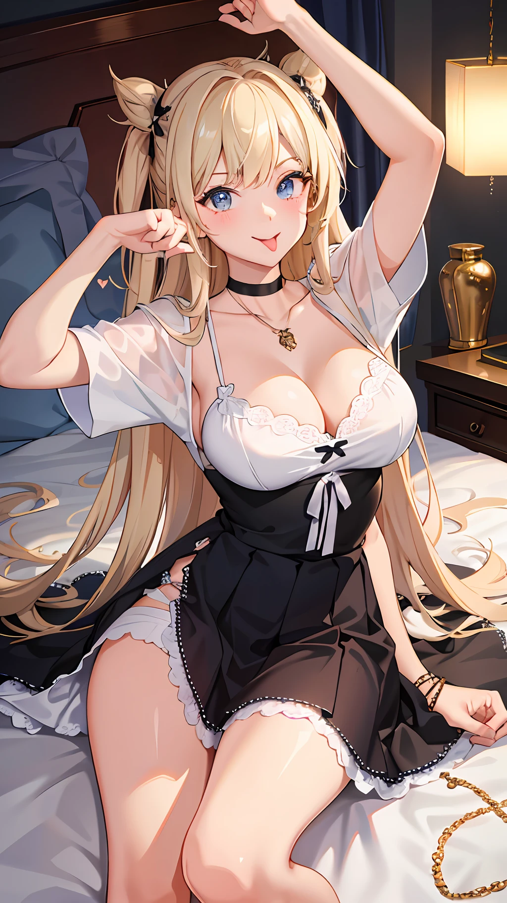 (Masterpiece: 1.4), (Best Quality: 1.4), 8K, HD, Ultra HD, Ultra HD, 1 Girl, (Big Breasts: 1.4), Long Blonde Hair, (Heart Pupil: 1.3), (Tongue Out: 1.2), Scary: 1.3, (Cry: 1.4), Bare, White Lace Underwear, Skirt, (Head Up), Bedroom at Night, Necklace, Messy Clothes