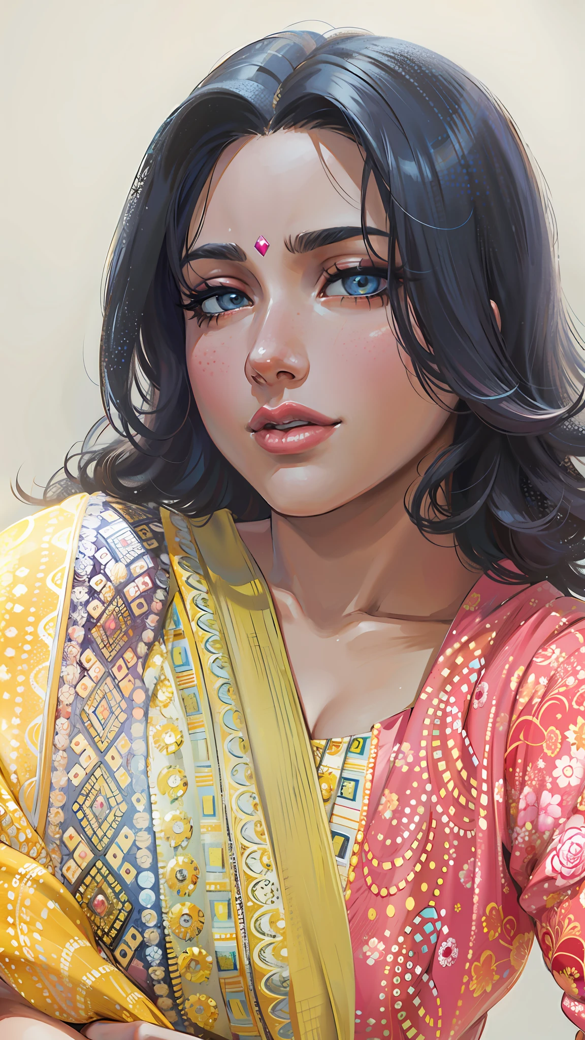 (masterpiece),(best quality:1.0), (ultra highres:1.0), detailed illustration, 8k, anime, 1girl, beautiful anime girl, wearing a pink yellow top, pretty face, detailed face, beautiful eyes, detailed eyes, dark eyes, bright pink lips, pink lipstick, beautiful stylish hair, highlights in hair, anime style, best quality, vibrant