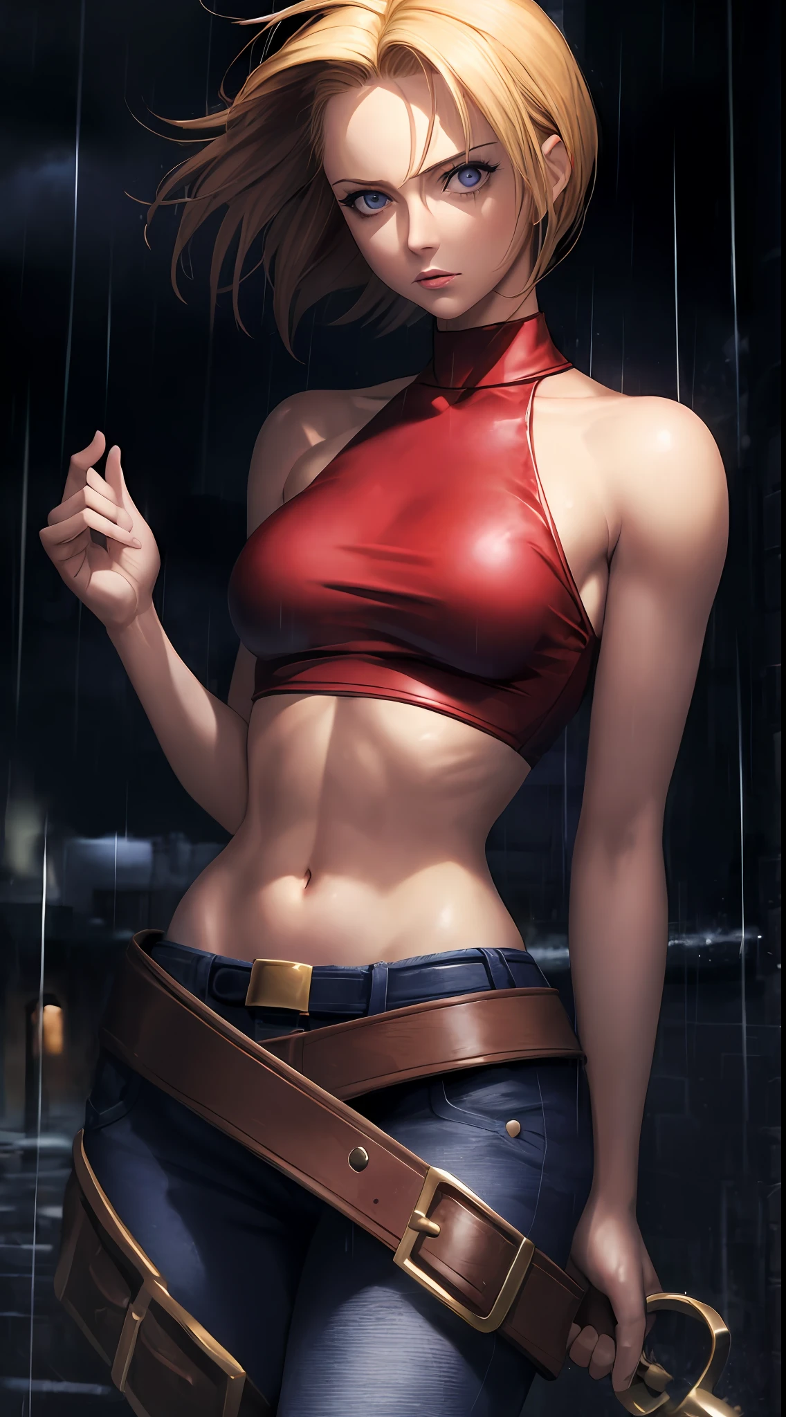 Maryms, Best Quality, (Beauty), Masterpiece, 1 female, physical rendering, thin waist, big eyes, (small breasts), puffy eyes, night, (Rain Castle), brightened skin, facing the audience, determined expression, facing the camera, red top, jeans, street background,