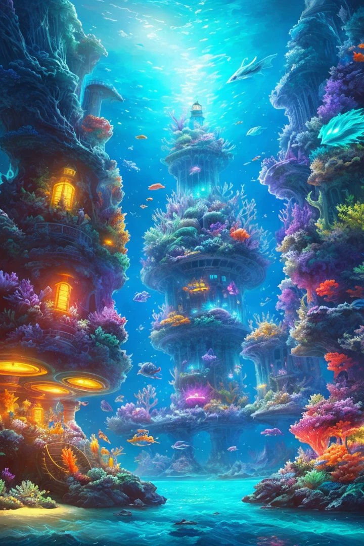 there is a lighthouse on a small island surrounded by corals, a digital painting inspired by Cyril Rolando, polycount contest winner, fantasy art, highly detailed digital painting, 4k highly detailed digital art, digital painting highly detailed, highly detailed digital artwork, stylized digital illustration, fantasy sea landscape, very detailed digital painting, beautiful detailed fantasy, a beautiful artwork illustration