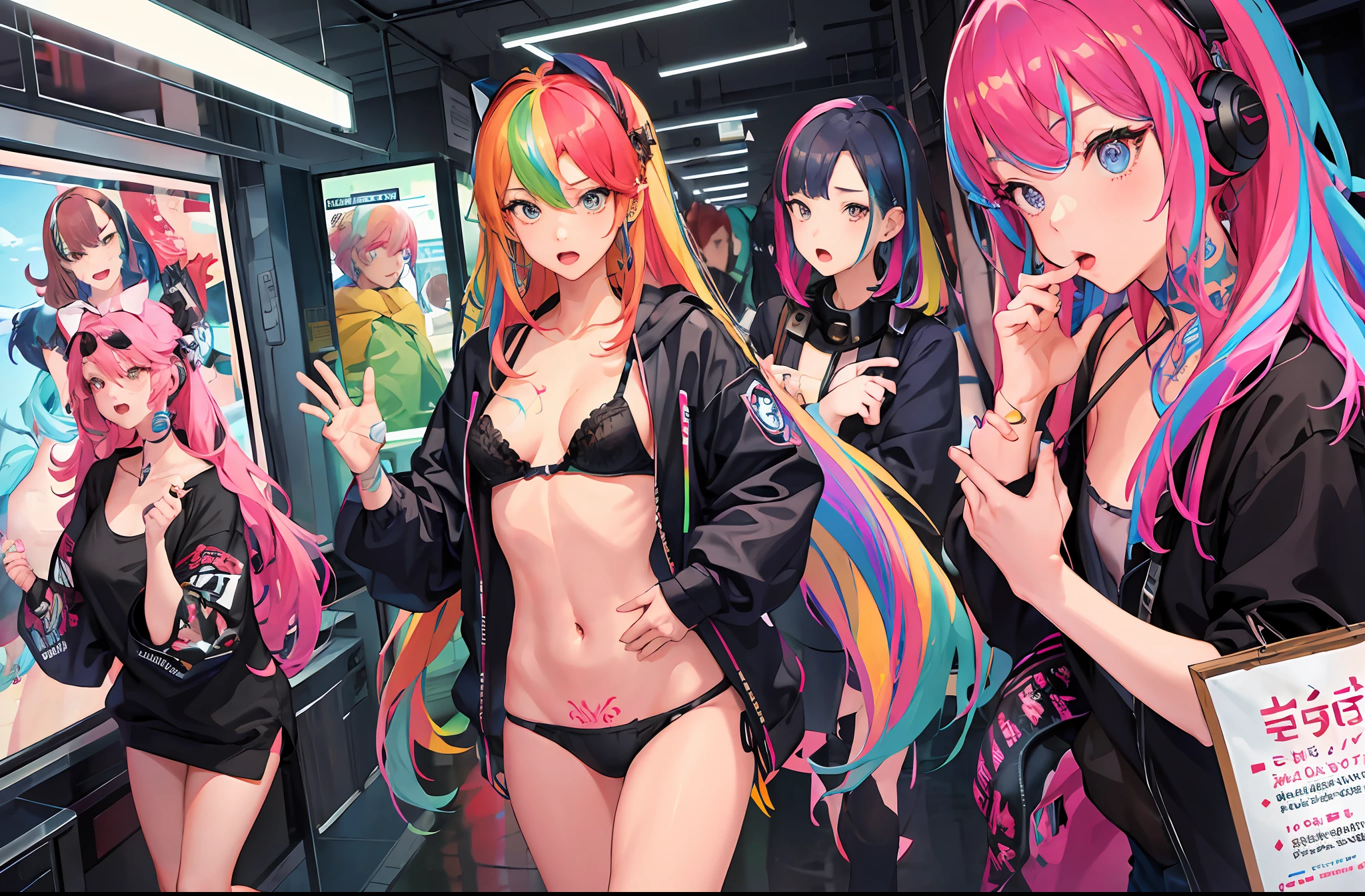 Masterpiece, 4 girls, sideways, KPOPIDOL promotional photo, poster photo, dynamic, raise hands, shout, kiss, face close-up, downtown, crowded, impressive eyes, fine skin texture, confident lol, overhead view, strabismus, high resolution, profoto, street corner, crotch, sheer bra, string bikini, spotlight, rock singer, 1girl, solo, Rainbow Hair, Hoodie, Navel, Straight Hair, Hands in Pocket, Headphones, Long Hair, Tattoo