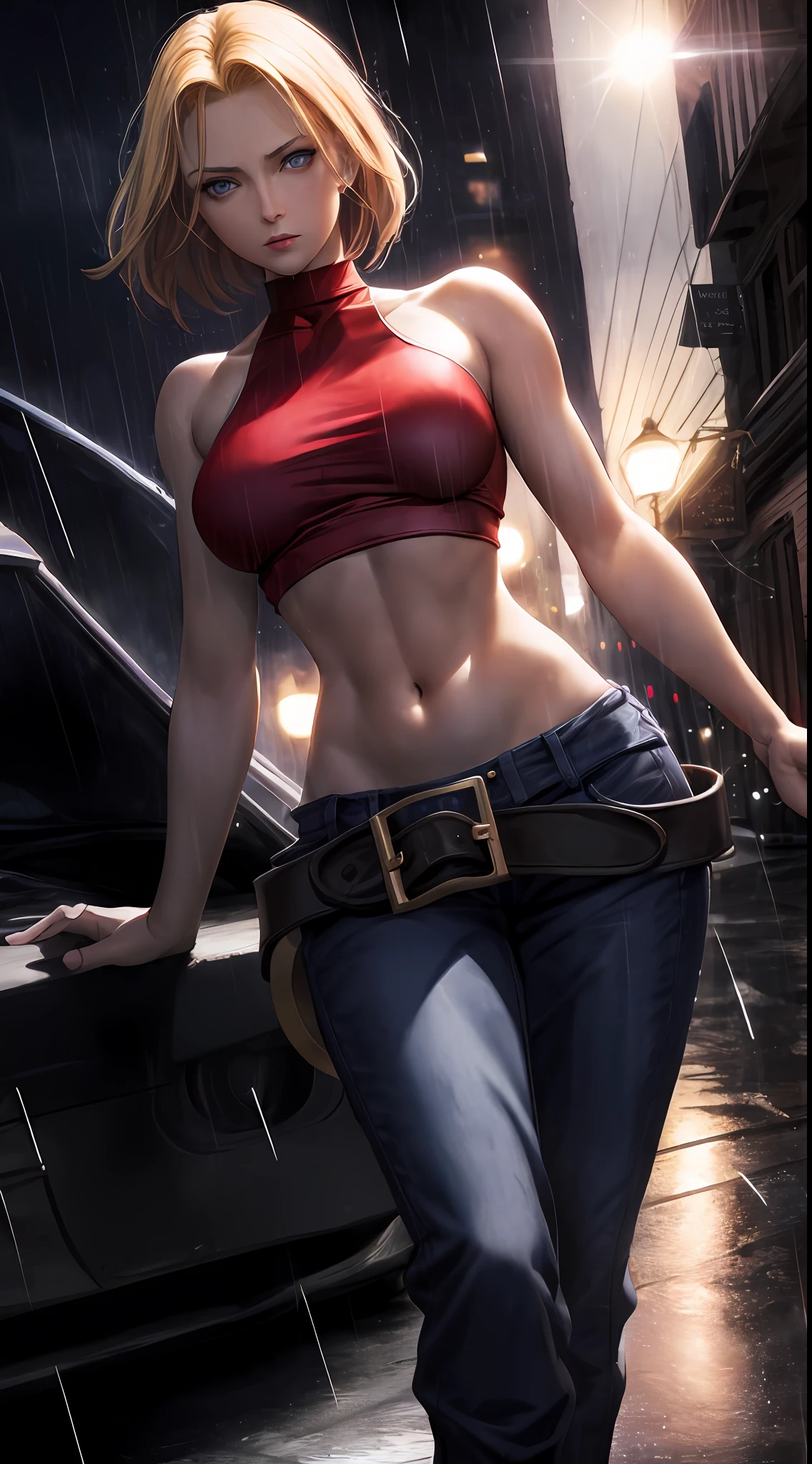 Maryms, Best Quality, (Beauty), Masterpiece, 1 female, Real rendering, Thin waist,, Big eyes, (Small breasts), Puffy eyes, Night, (Rain Castle), Brightened skin, facing audience, determined expression, facing the camera, red top, jeans, street background, daytime, sun, halo