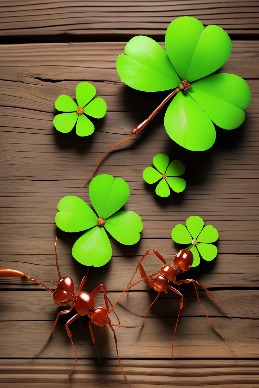 giant ants walking on wood and clover, square format