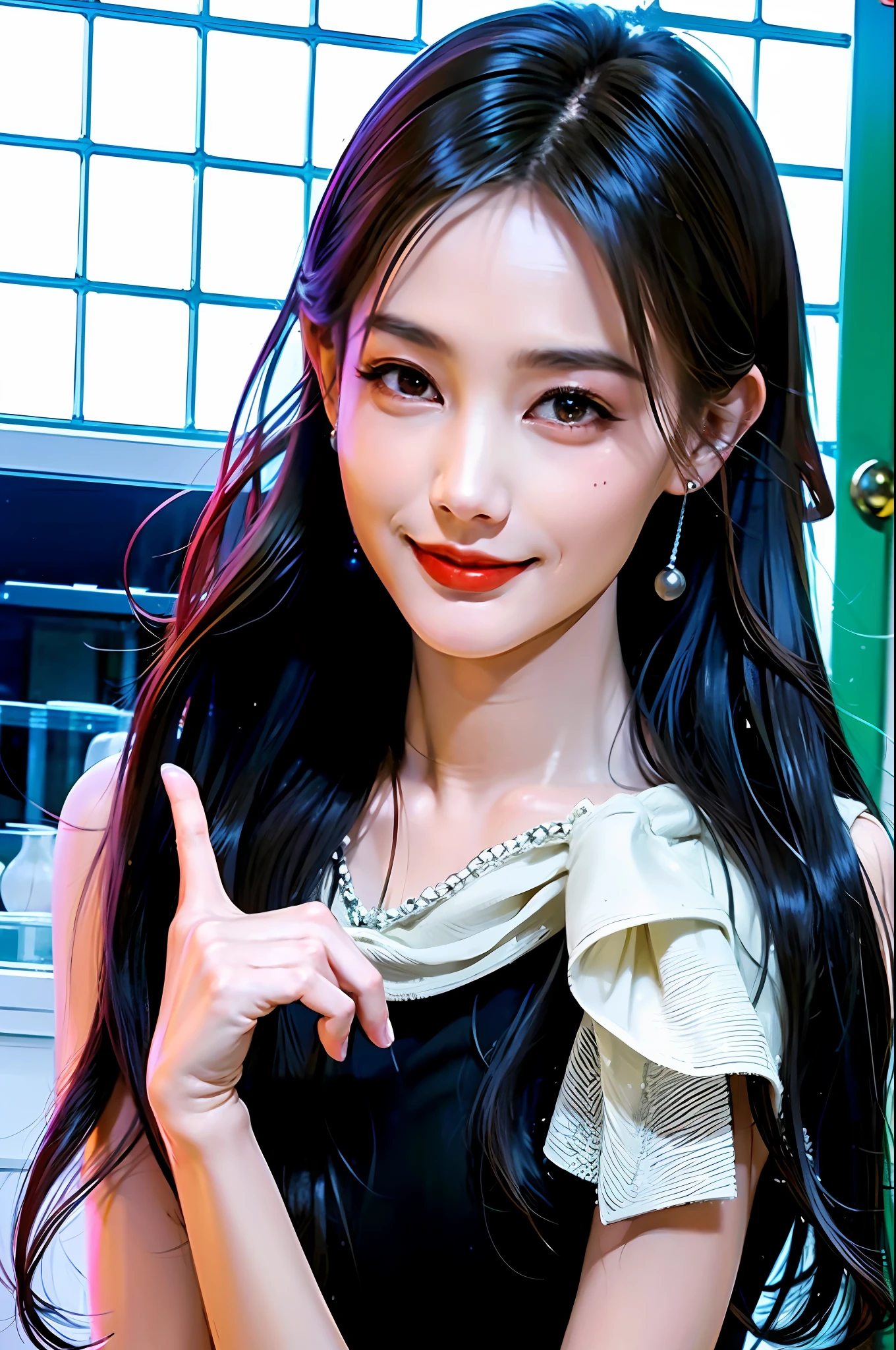 Masterpiece, highest quality, solo, (perfect face: 1.1), (high detail: 1.1), dramatic, dynamic pose, 1girl, 28 years old, pure and lustful, black hair, bright and godly beautiful eyes, solo, delicate and characteristic pretty face, long hair, curved, thighs, slender tall figure, lips, Chinese model is portrayed as a stunning beauty, long flowing hair and confident steps. She walked in a vacuum, her body appearing weightless as she moved through the void. Her outfits are stylish and futuristic, fitting perfectly to her figure as she glides through the void. The scene is surreal and otherworldly, and in this unusual setting, the model seems completely relaxed. The images are eye-catching and engaging, captivating viewers with their unique and imaginative concepts.