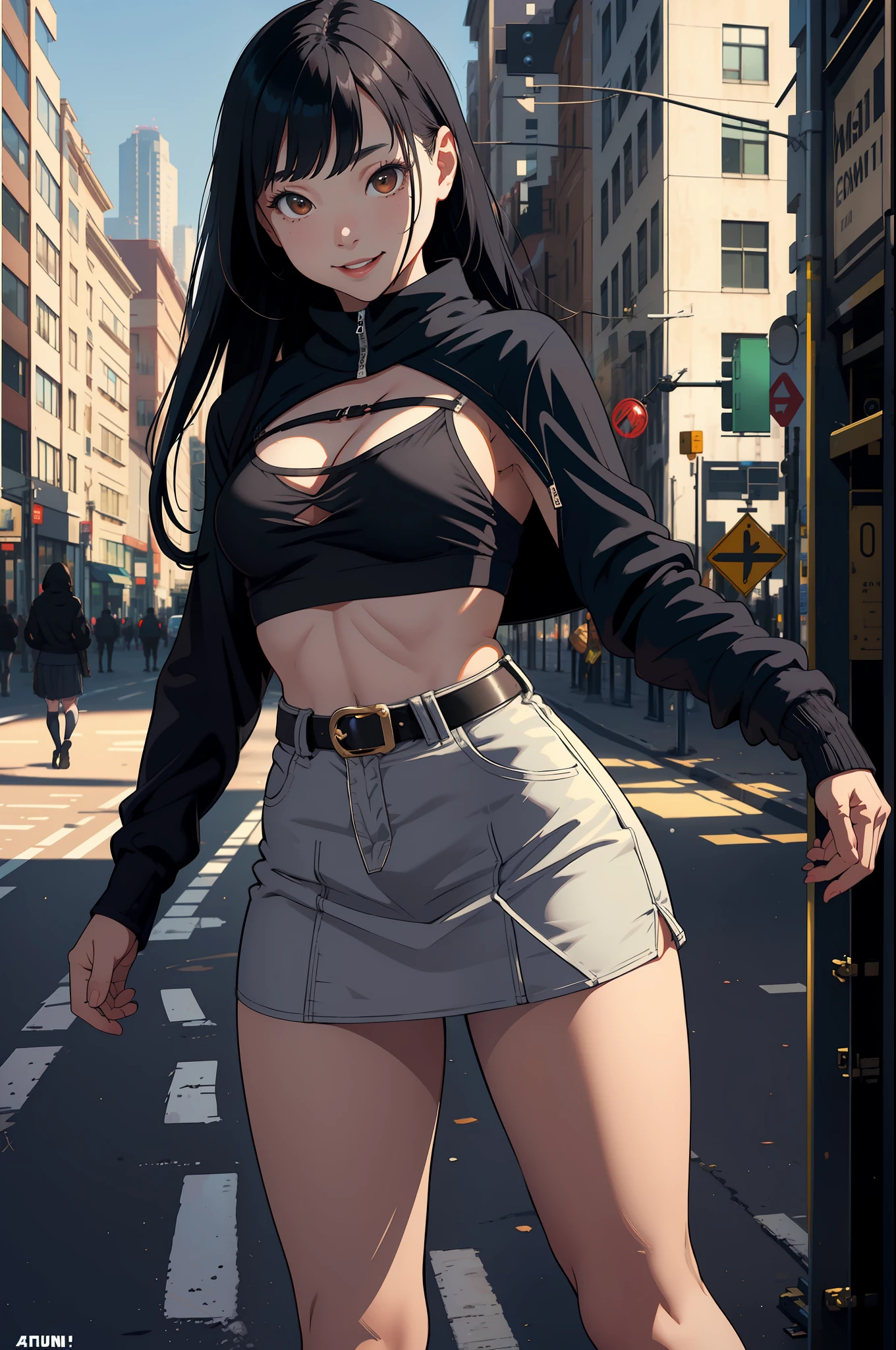 masterpiece, Top Quality, Absurdity, Perfect Anatomy, One Girl, Solo, Shrug \(clothing\), Long sleeve, Miniskirt, Standing, City, Outdoors, Cowboy shot, Smile, Black hair