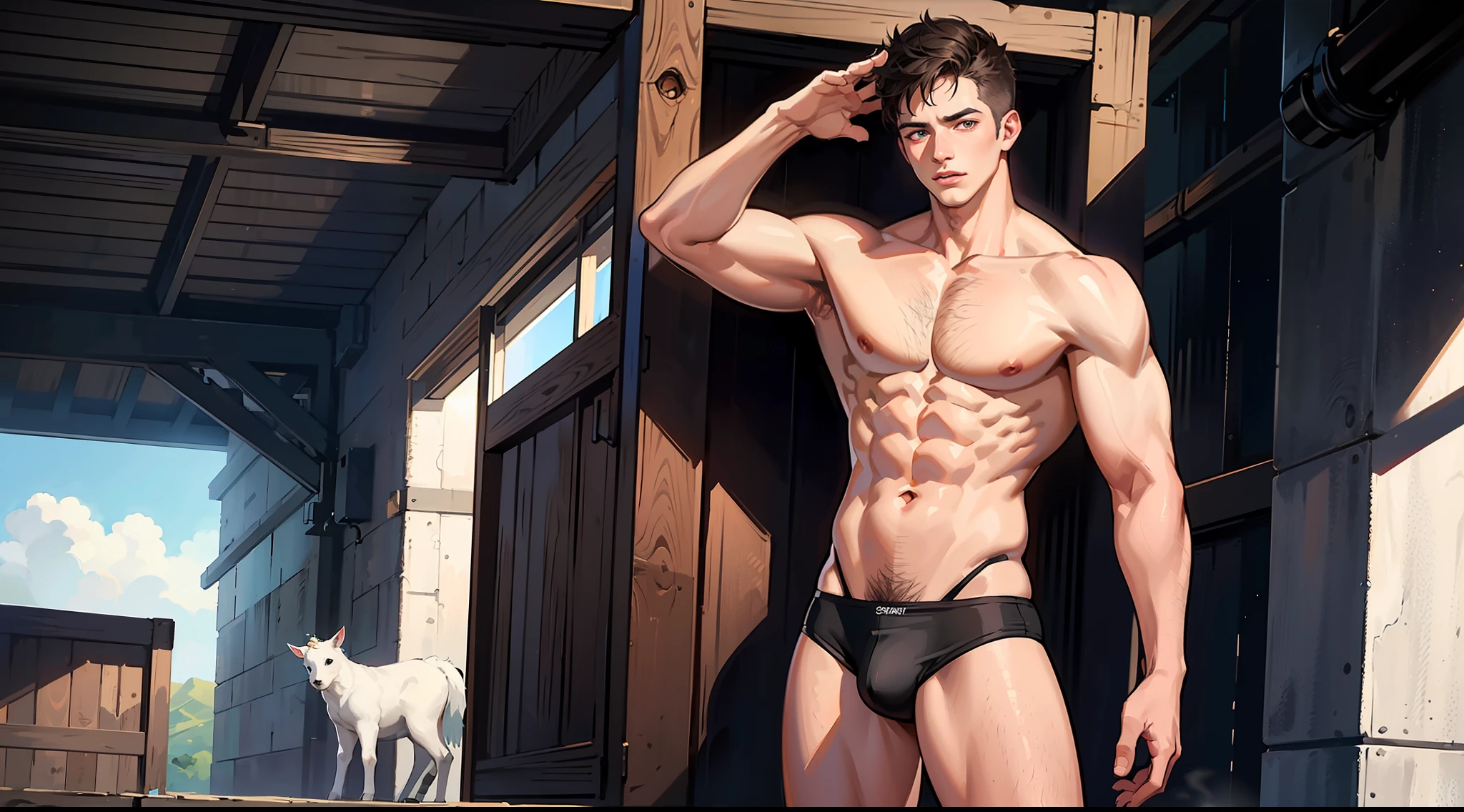 1boy, Realistic, detailed, Young pumped up man, cowboy, on farm, naked torso, chaps, 4 abs, lustful look, farm and animals in the background, detailed face, detailed hair, detailed hands, detailed legs, detailed eyes, detailed skin, dynamic lighting, (photorealistic:1.4), 8k uhd, (hyper realistic), (photo realistic), (masterpiece), (best quality)
