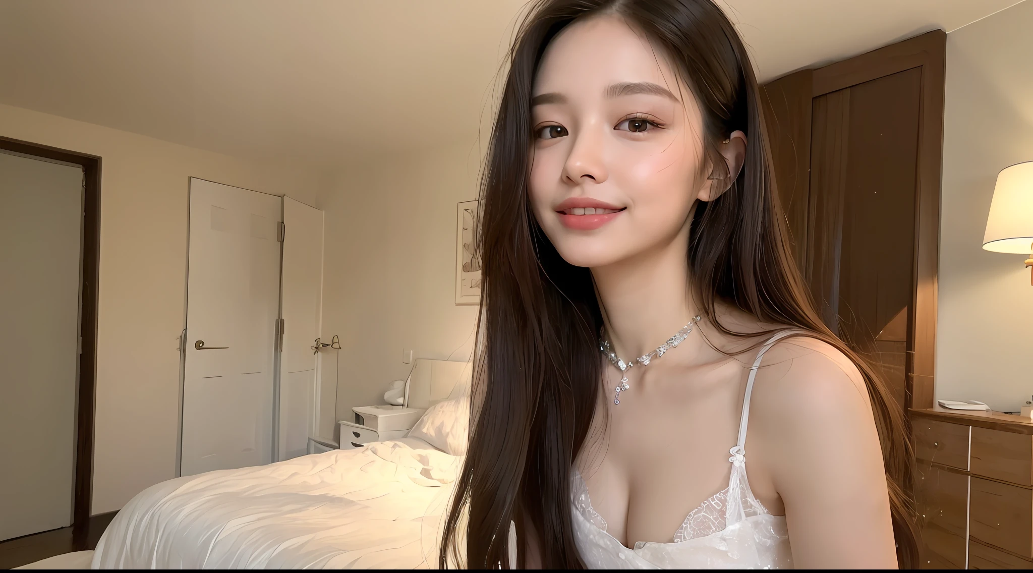 ((Best Quality, 8k, Masterpiece:1.3)), Focus:1.2, Perfect Body Beauty:1.4, Buttocks:1.2, ((Delicate Long Hair)), (Dress:1.1) ,(Room, person: 1.2), 1 woman, Highly detailed facial and skin texture, Delicate eyes, Double eyelids, whitening skin, smile, wearing a necklace,