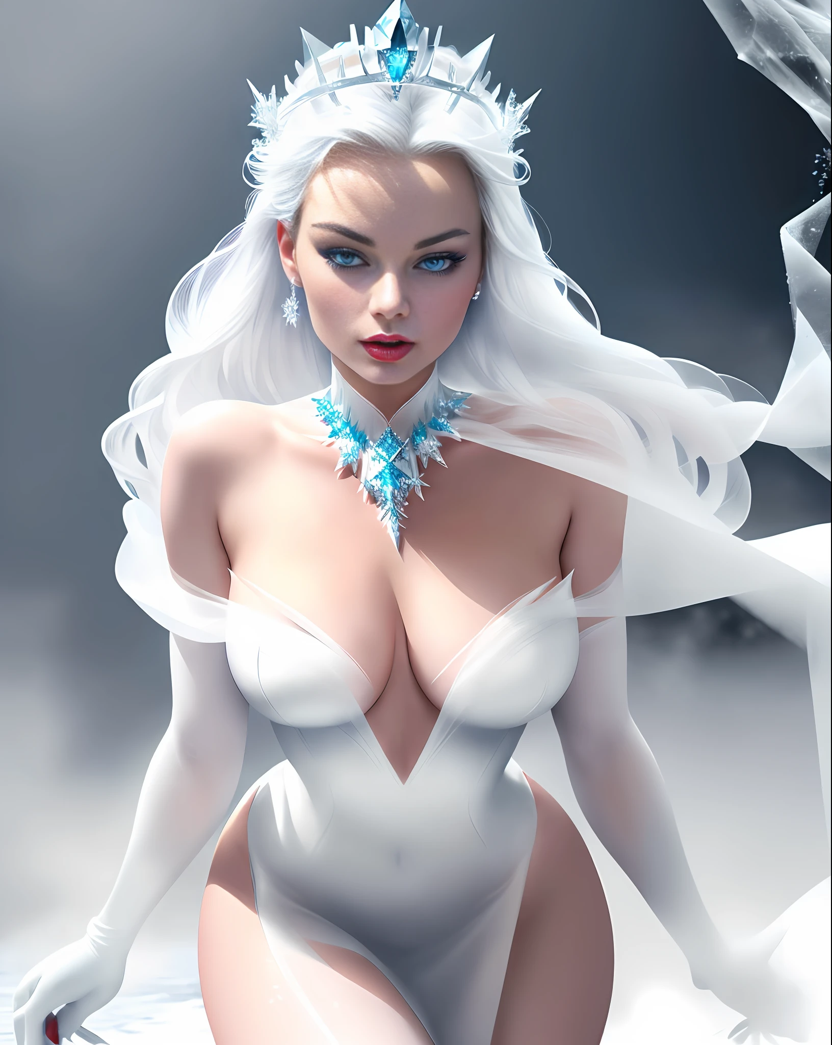 MARGOT ROBBIE, gorgeous face, perfect, detailed sharp eyes, large pointed breasts covered by ice, light white translucent fabric as smoke, blue eyes, crystal crown, white hair, red lipstick, red makeup, thick legs, cold place, falling snow, blizzard, white gloves, white background, snowflakes, ice, lots of fog in the background, (photo with better quality, a masterpiece,  sensuality and elegance, ultra detailed, ultra realistic, depth of field, HD, photograph taken by Sony R7 camera with 85mm Full frame lenses, f1.2 aperture), portrait style