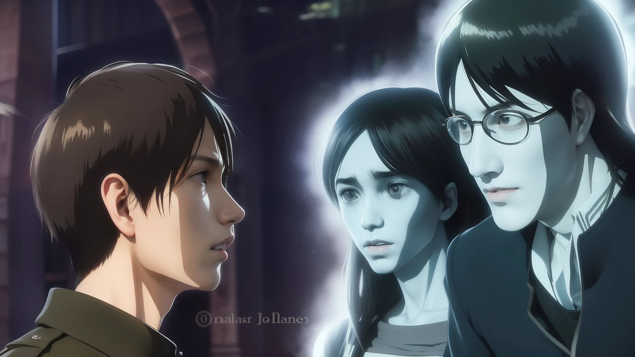 best quality, masterpiece, (realistic: 1.2), 1 man, Eren Jaeger, real life, live action, black jeans, brown hair, loose hair, long hair, attack on Titan, cold background, black jacket, slim body, high definition, high quality