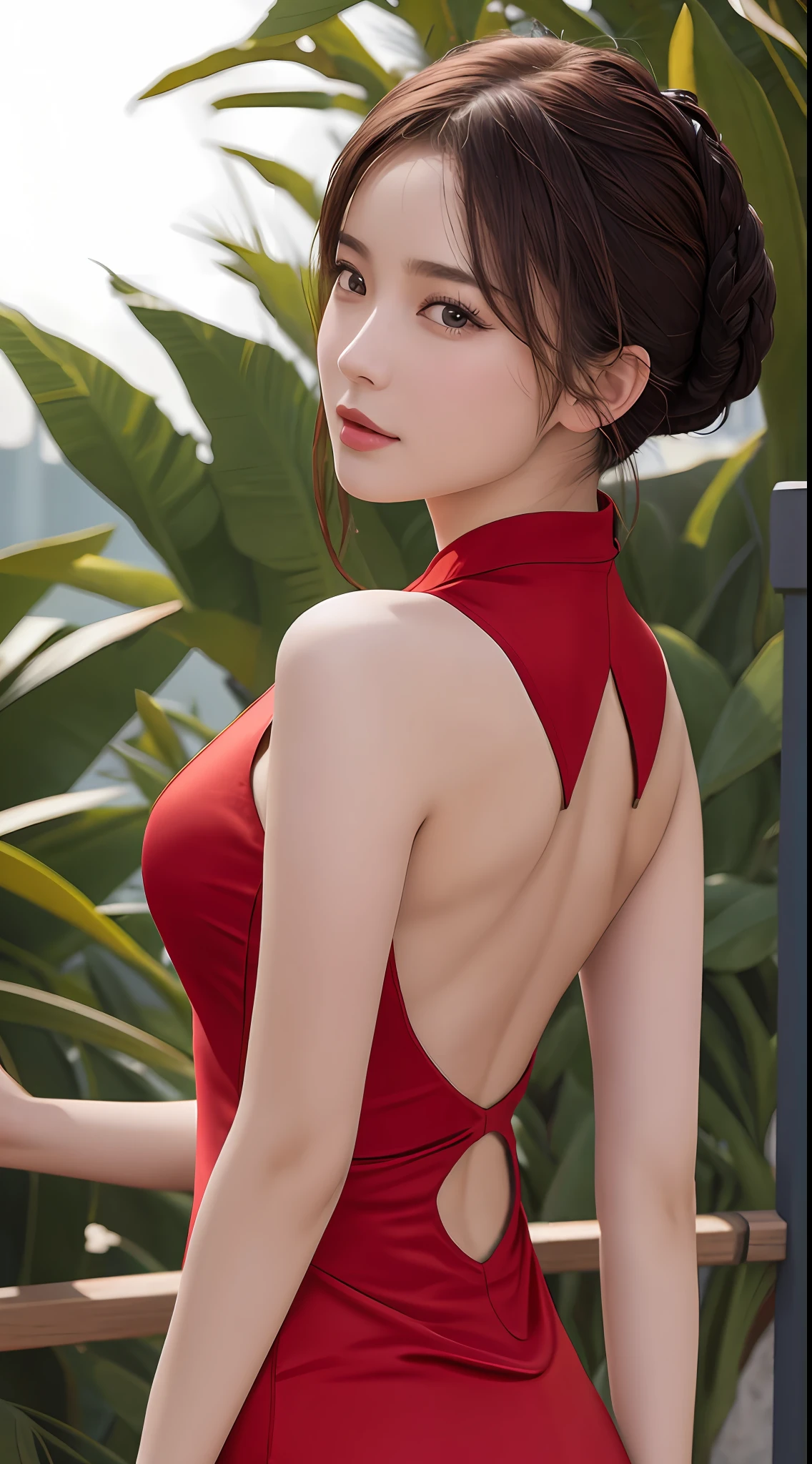 best quality, masterpiece, 1girl, Beautiful face, (photo realistic:1.3), rim lighting, (high detailed skin:1.2), 8k uhd, dslr, high quality, high resolution, 4k, 8k, Bokeh, absurdres, best ratio four finger and one thumb, (realistic:1.3), cute 1girl, medium breasts, wear red Chinese style one-piece cloth, sleeveless and backless