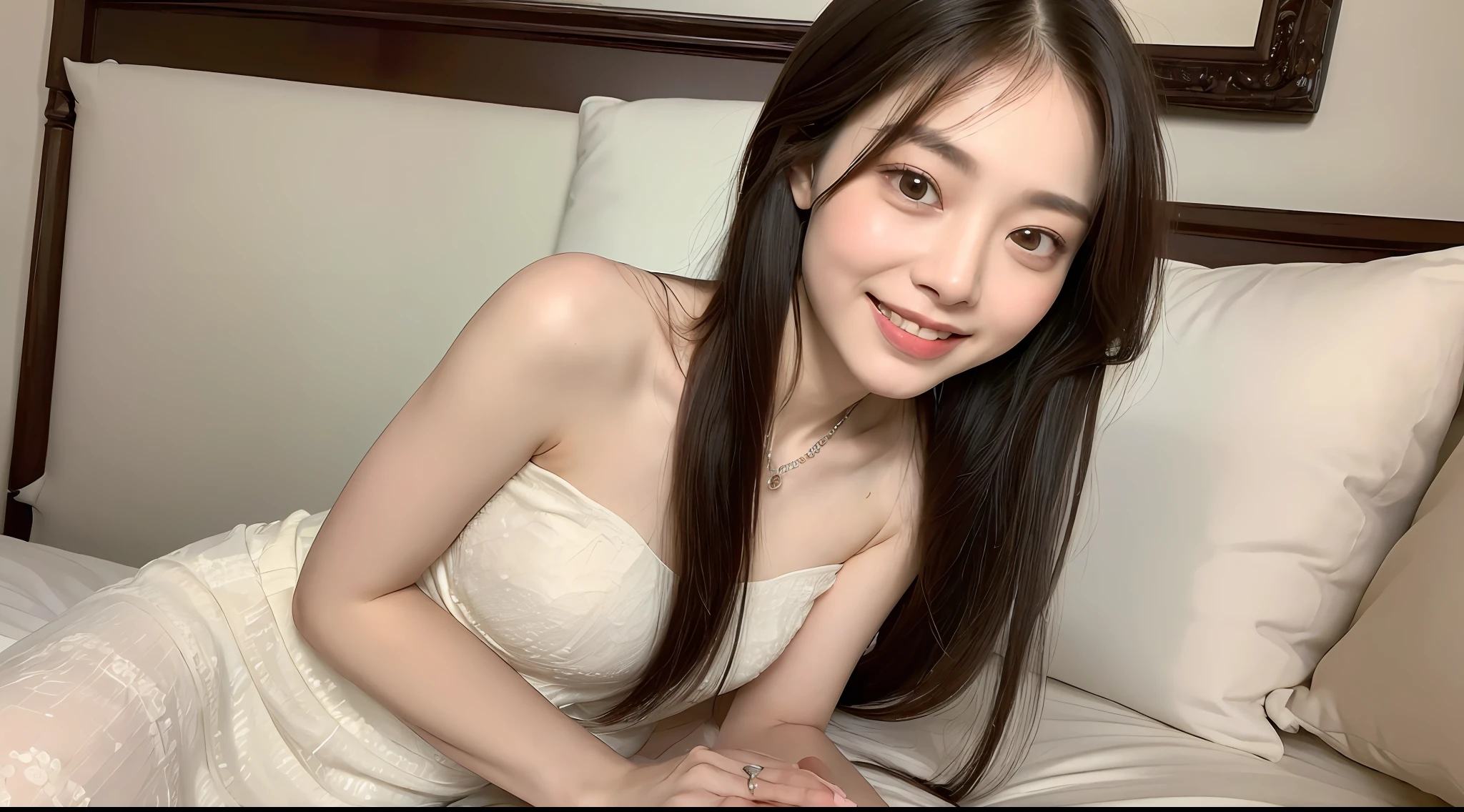 ((Best Quality, 8k, Masterpiece:1.3)), Focus: 1.2, Perfect Body Beauty: 1.4, ((Delicate Long Hair)), (Dress: 1.1), (Room, 1 woman sitting on bed, highly detailed facial and skin texture, Delicate eyes, Double eyelids, whitening skin, smile, wearing necklace,